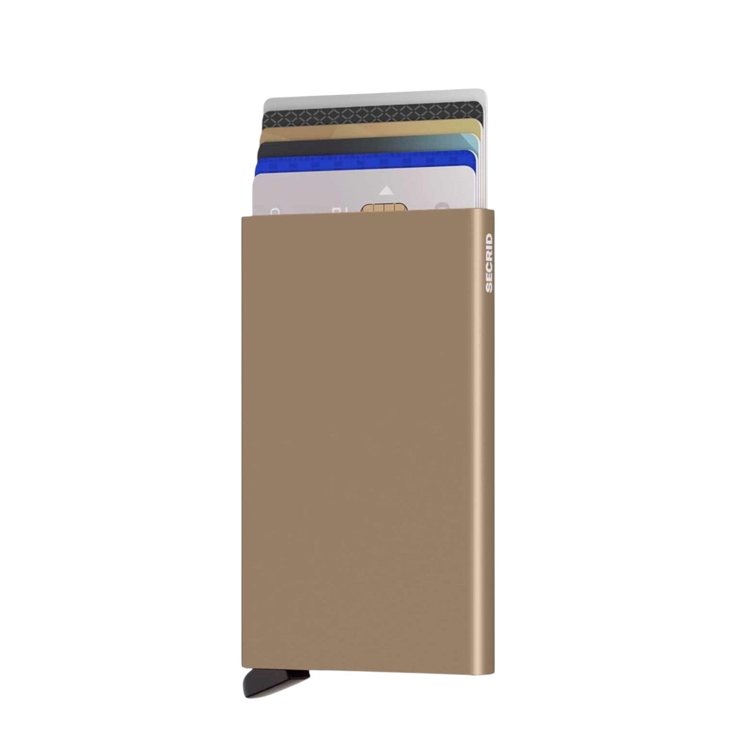 Lieblingstasche Secrid Cardprotector in metallic gold with cards sliding out for quick access and RFID protection.