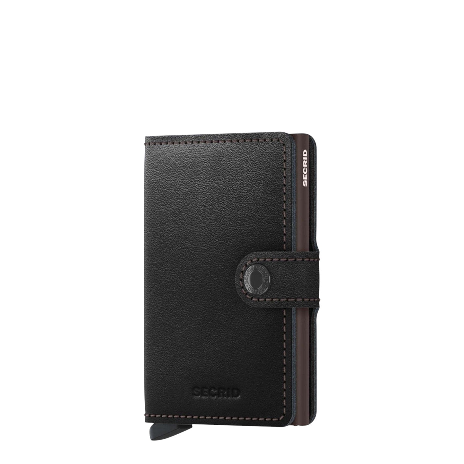 Lieblingstasche Secrid Miniwallet in black leather with a snap button closure and integrated card protector mechanism.