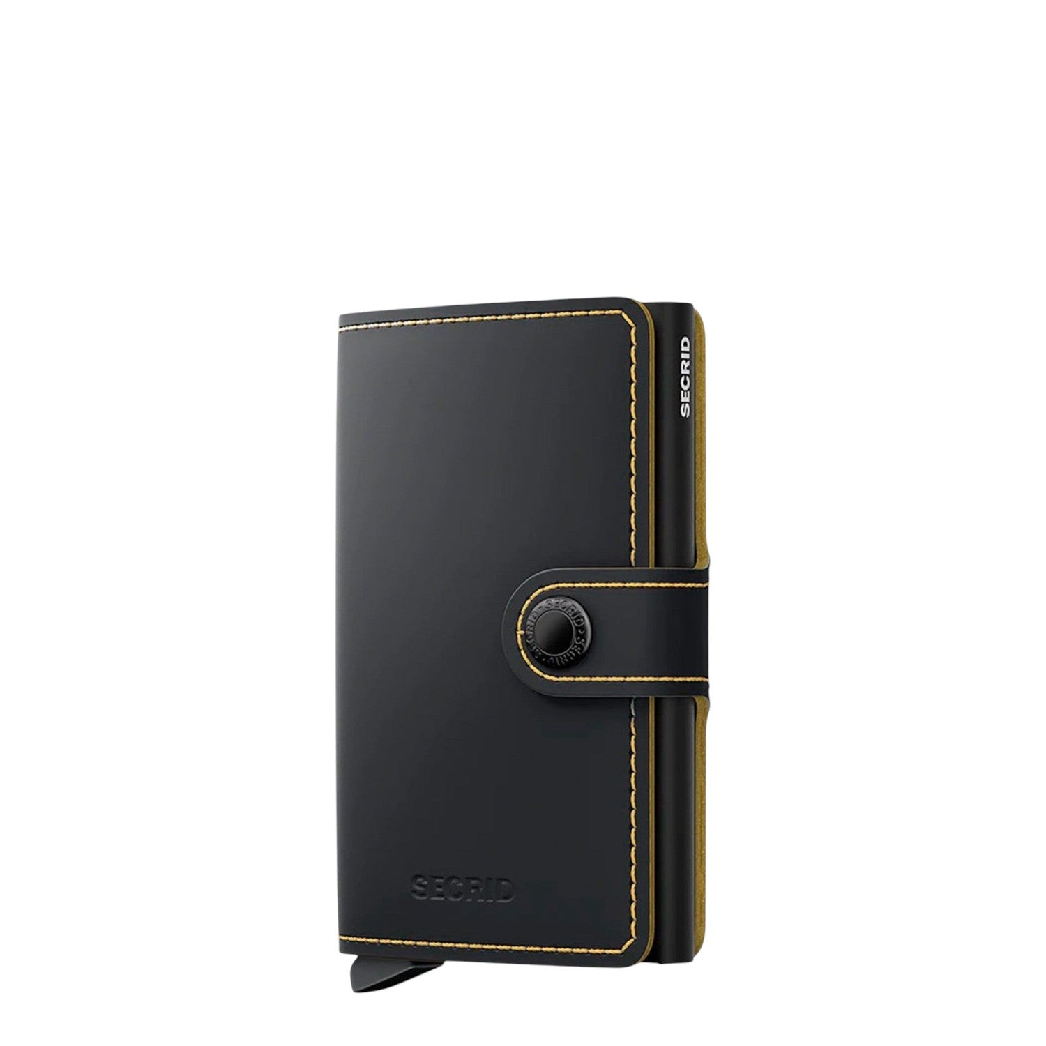 Lieblingstasche Secrid Miniwallet Matte in black leather with yellow contrast stitching and snap button closure