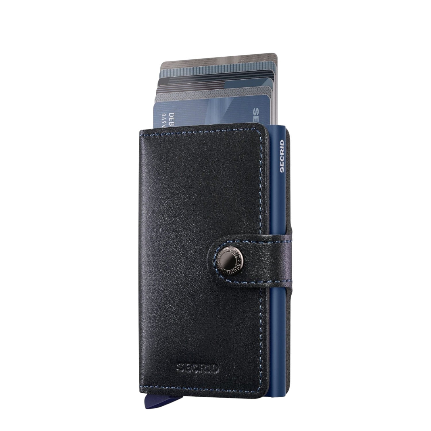 Lieblingstasche Secrid Miniwallet Original in black leather with blue stitching and a blue RFID card protector.
