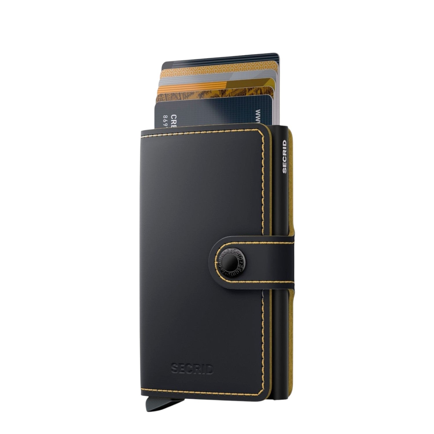 Lieblingstasche Secrid Miniwallet Matte in black leather with yellow contrast stitching and card protector mechanism