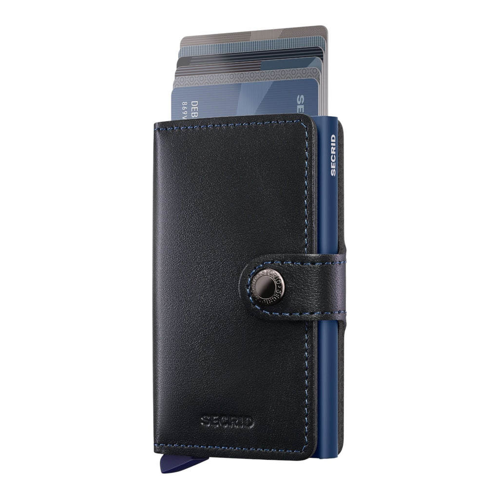 Lieblingstasche Secrid Miniwallet Original in black leather with blue aluminium card protector and snap button closure