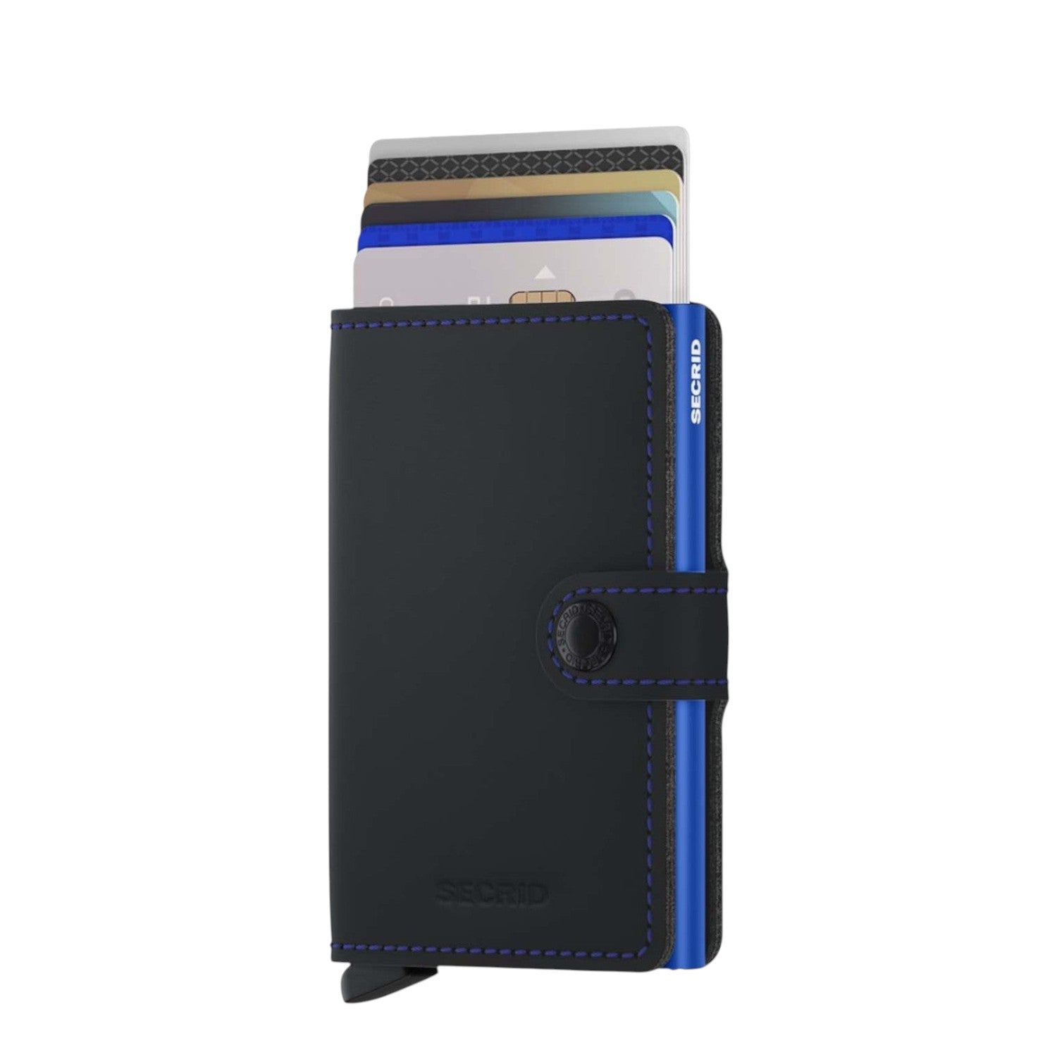 Lieblingstasche Secrid Miniwallet Matte in black leather with blue stitching and card protector mechanism
