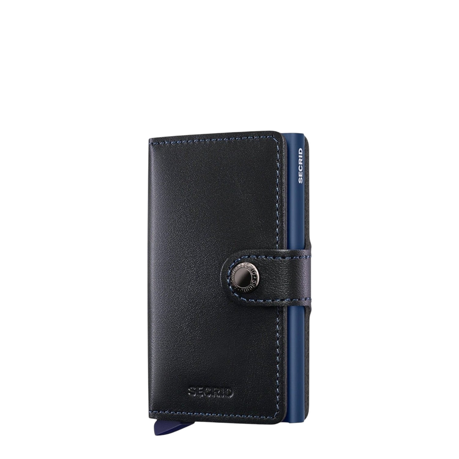 Lieblingstasche Secrid Miniwallet in black leather with blue metal card protector and snap button closure
