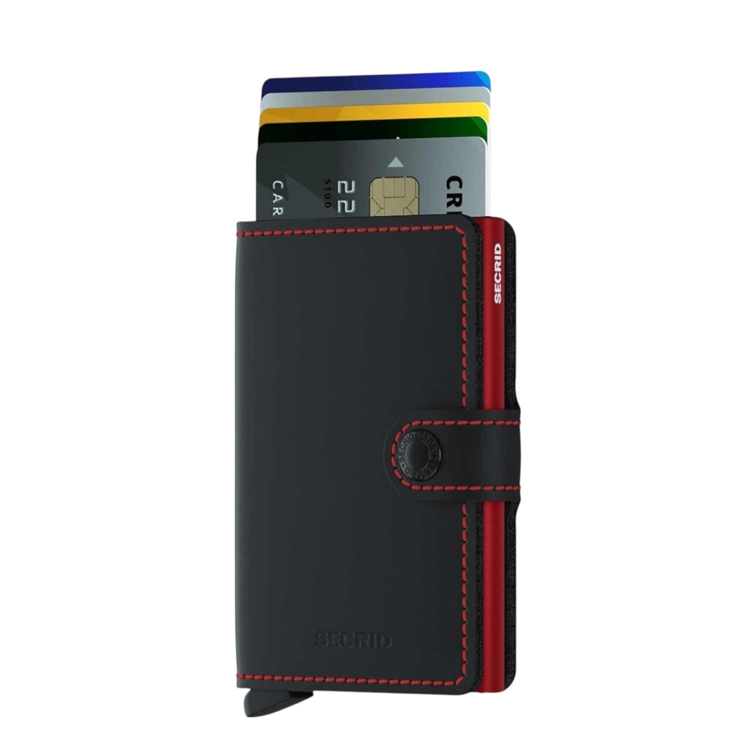 Lieblingstasche Secrid Miniwallet Matte in black leather with red stitching and card protector mechanism