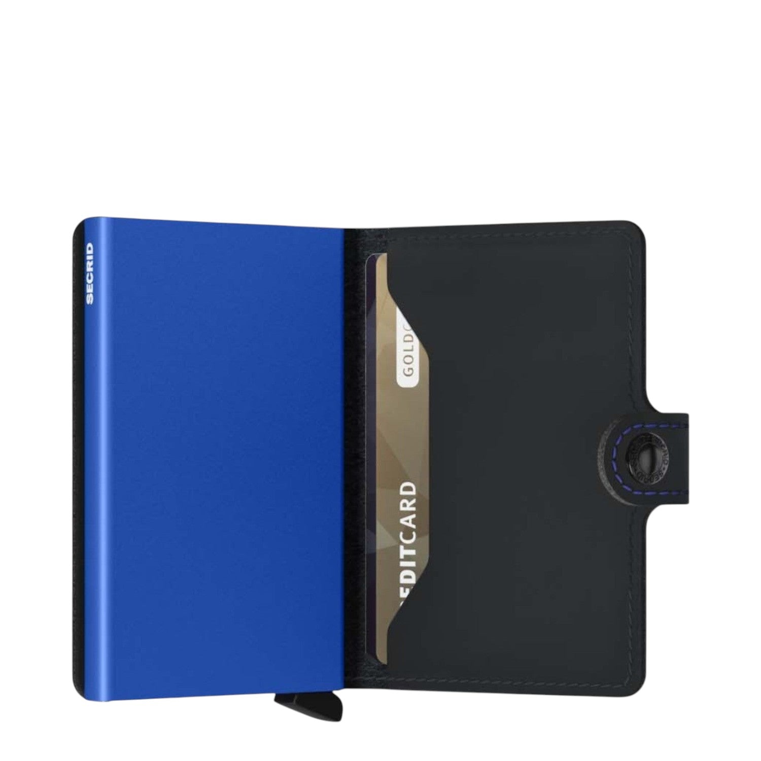 Lieblingstasche Secrid Miniwallet Matte in blue aluminium and black leather with RFID protection and card mechanism