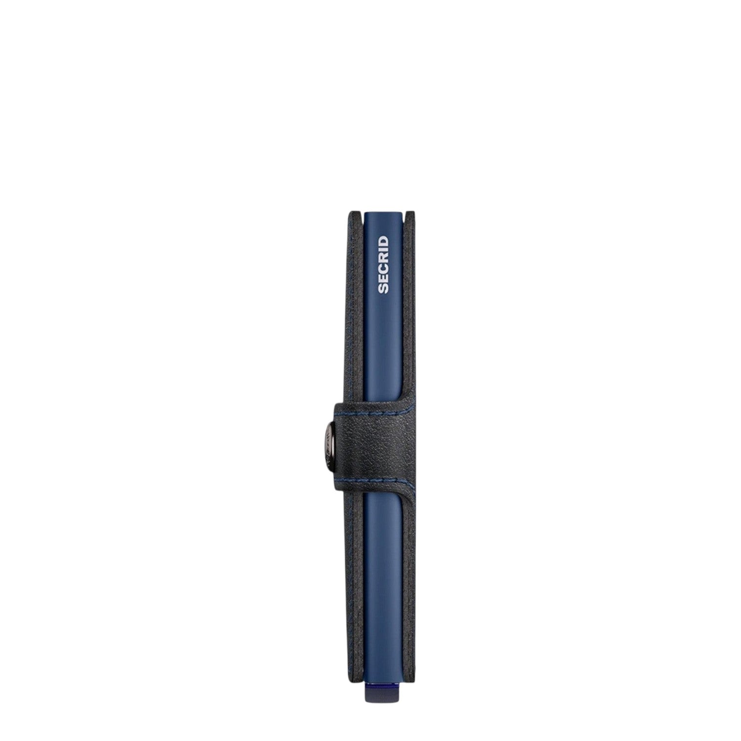 Lieblingstasche Secrid Miniwallet in blue with a black leather cover and snap button closure, side profile view.