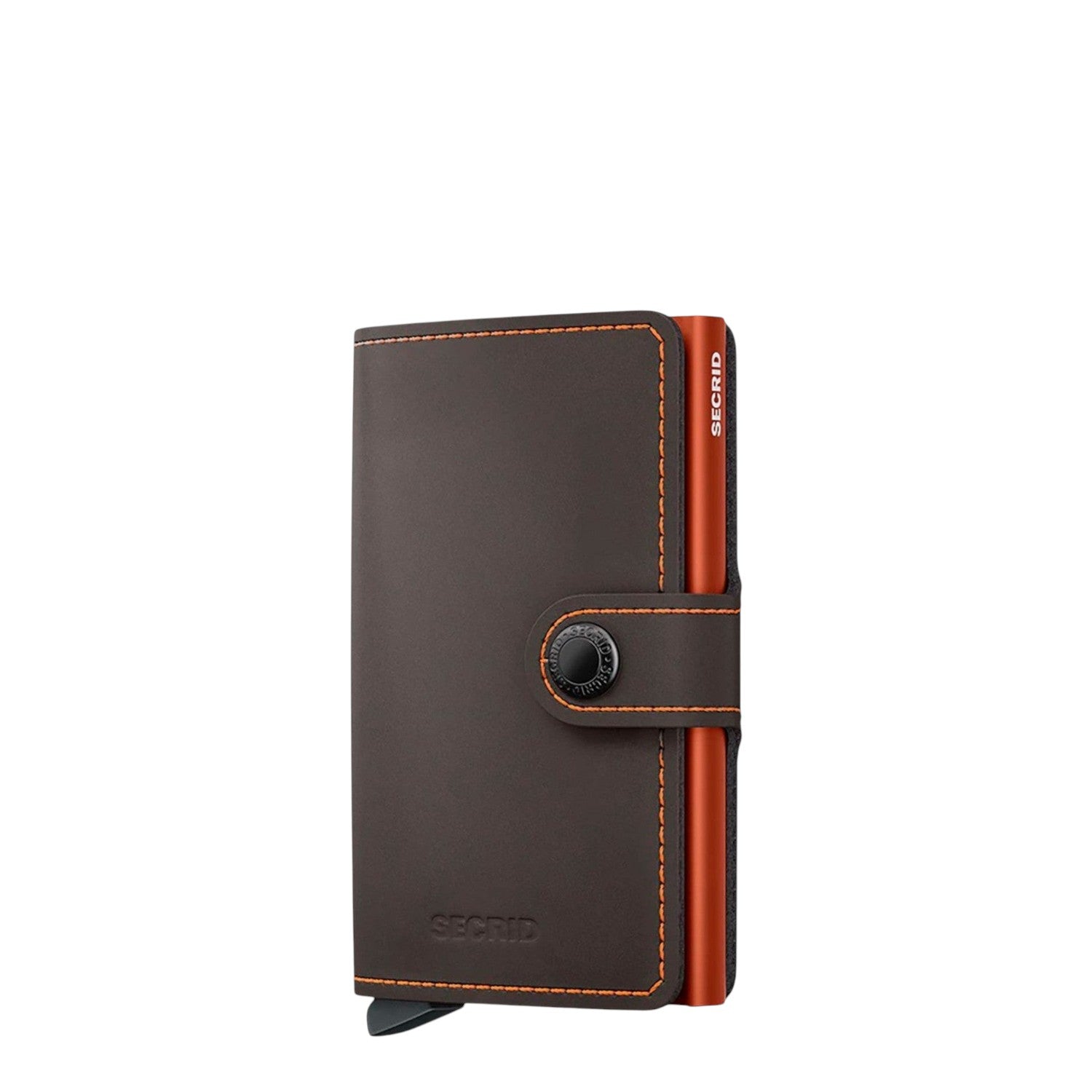 Lieblingstasche Secrid Miniwallet Matte in dark brown leather with orange stitching and a secure snap button closure.