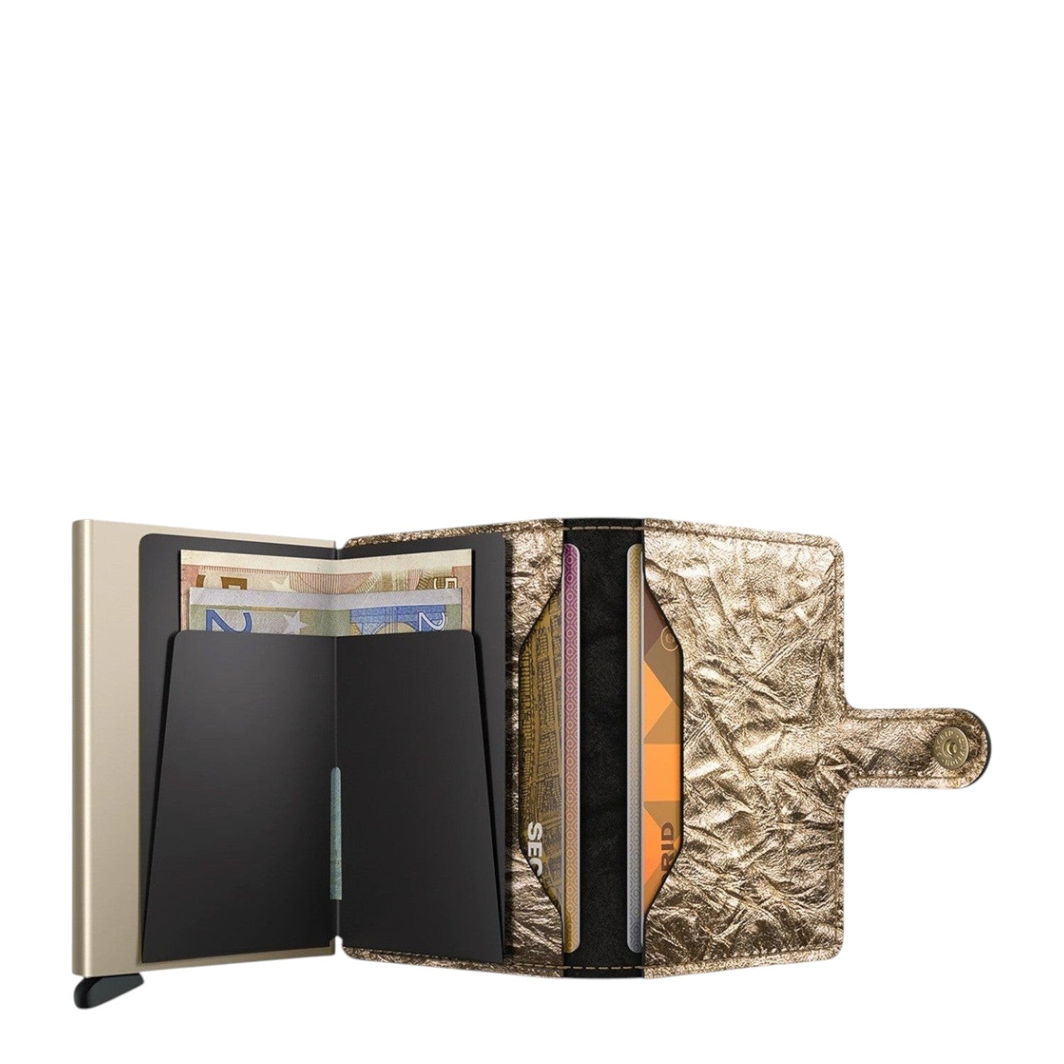 Lieblingstasche Secrid Miniwallet Crunch in metallic gold leather with RFID-protected card protector and cash slots