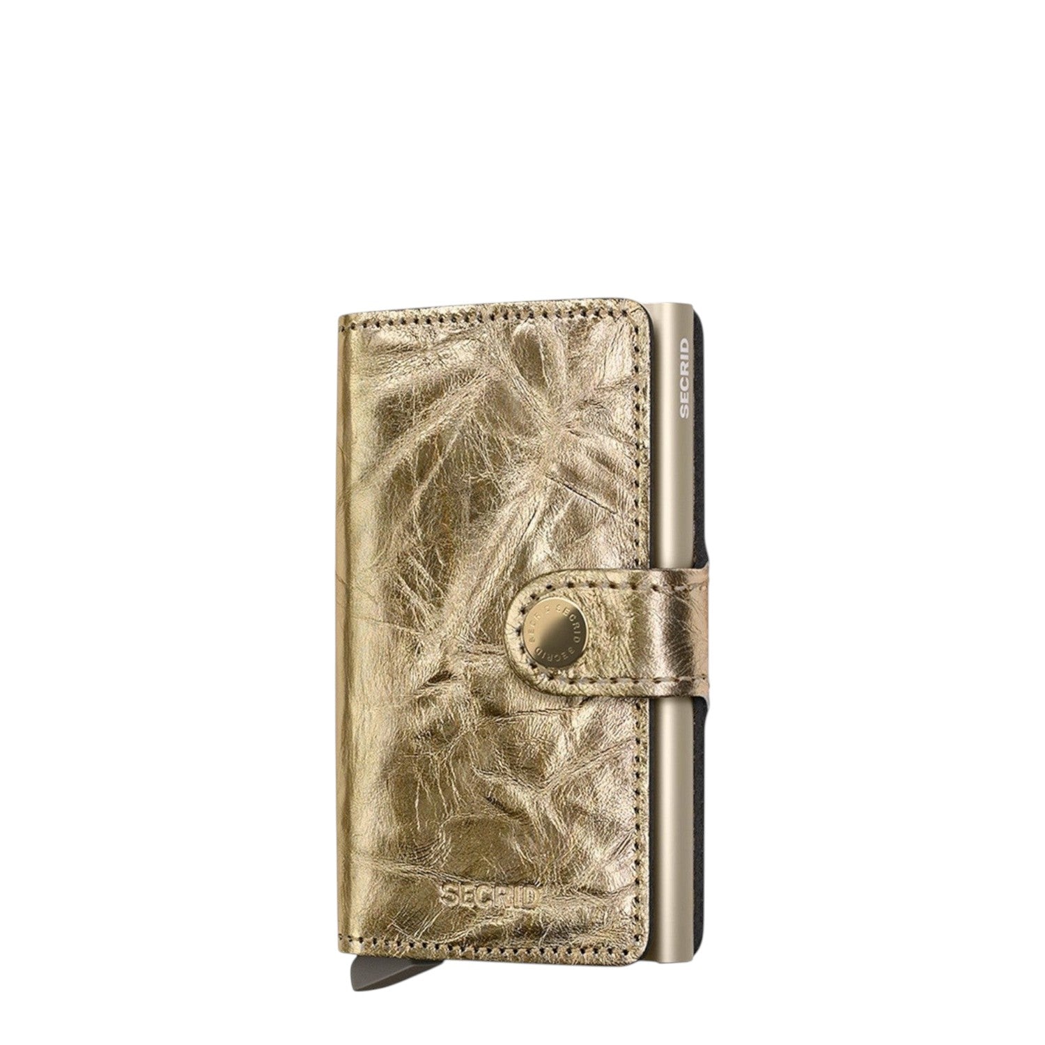 Lieblingstasche Secrid Miniwallet Crunch in metallic gold with textured leather and secure card protector mechanism.