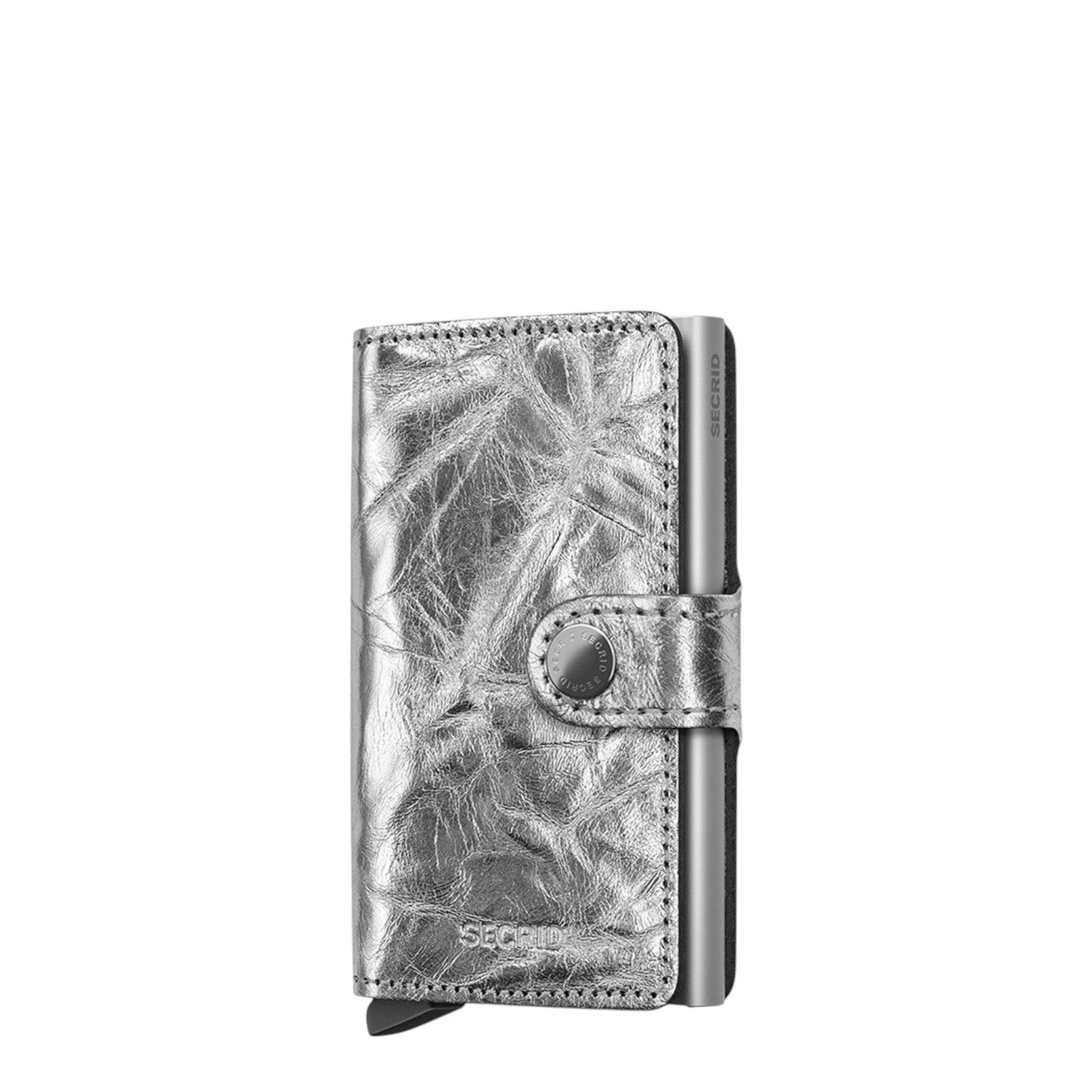 Lieblingstasche Secrid Miniwallet Crunch in metallic silver with a textured leather finish and RFID protection.