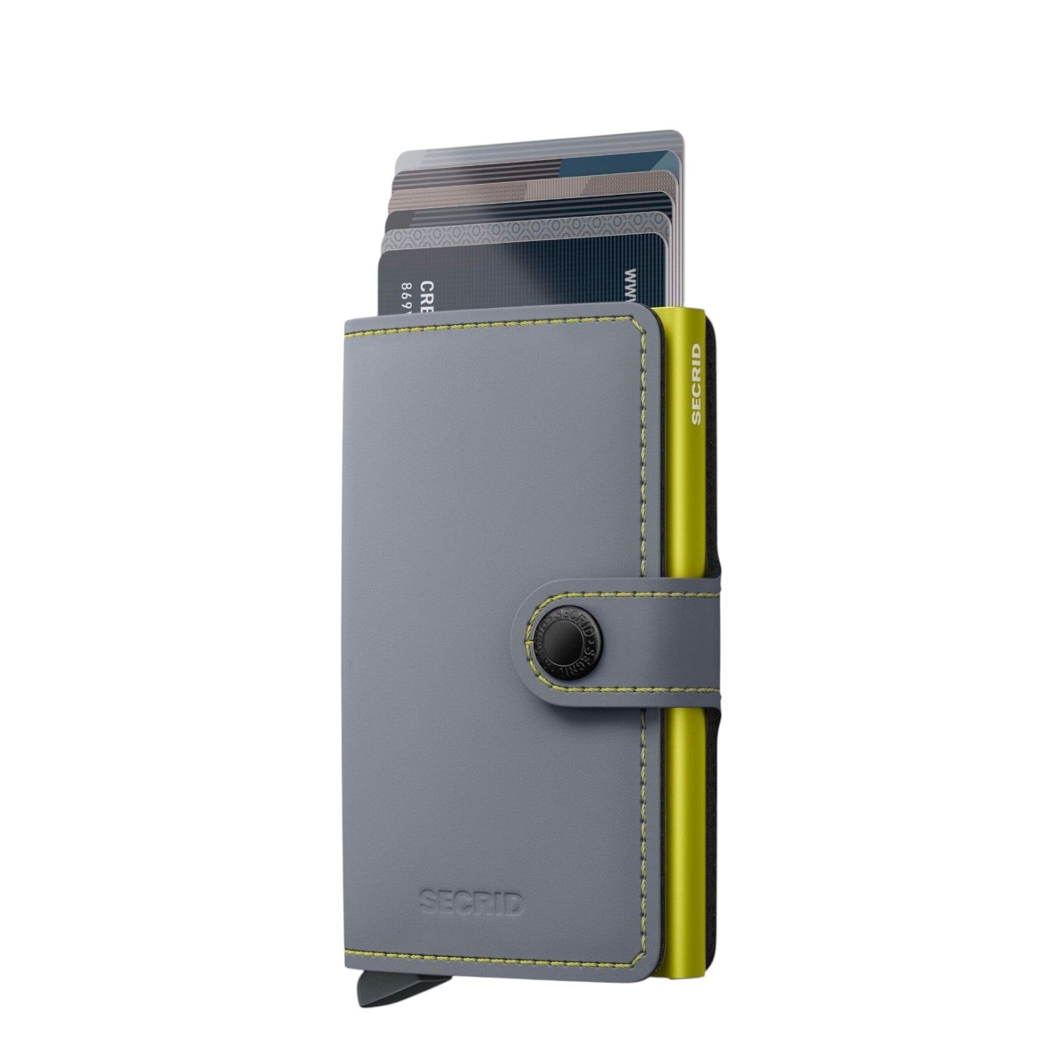 Lieblingstasche Secrid Miniwallet Matte in grey leather with a lime green card protector and snap button closure