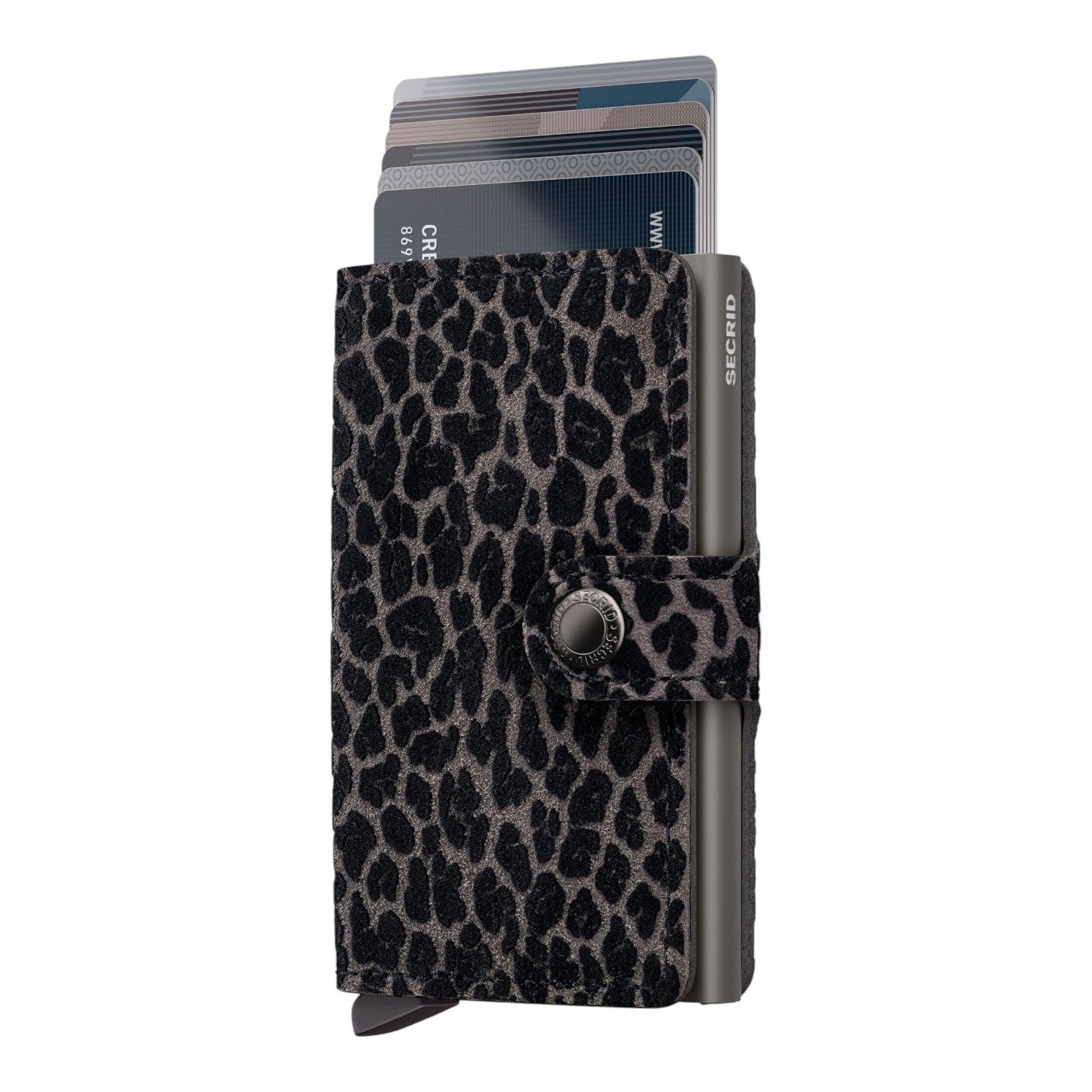 Lieblingstasche Secrid Miniwallet Leo with leopard print leather, aluminium card protector, and snap button closure.