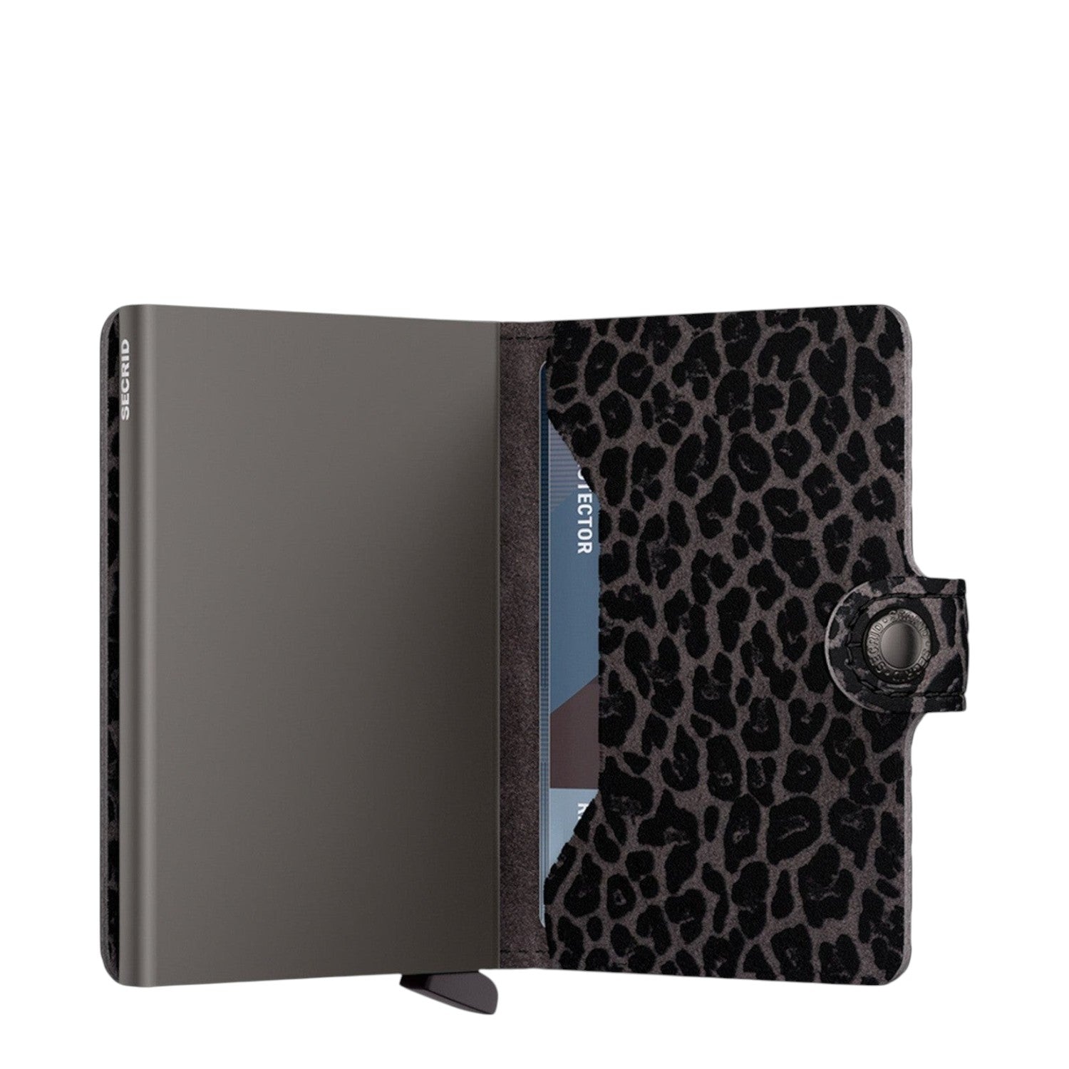 Lieblingstasche Secrid Miniwallet Leo with a grey metal card protector and black and grey leopard print leather cover.