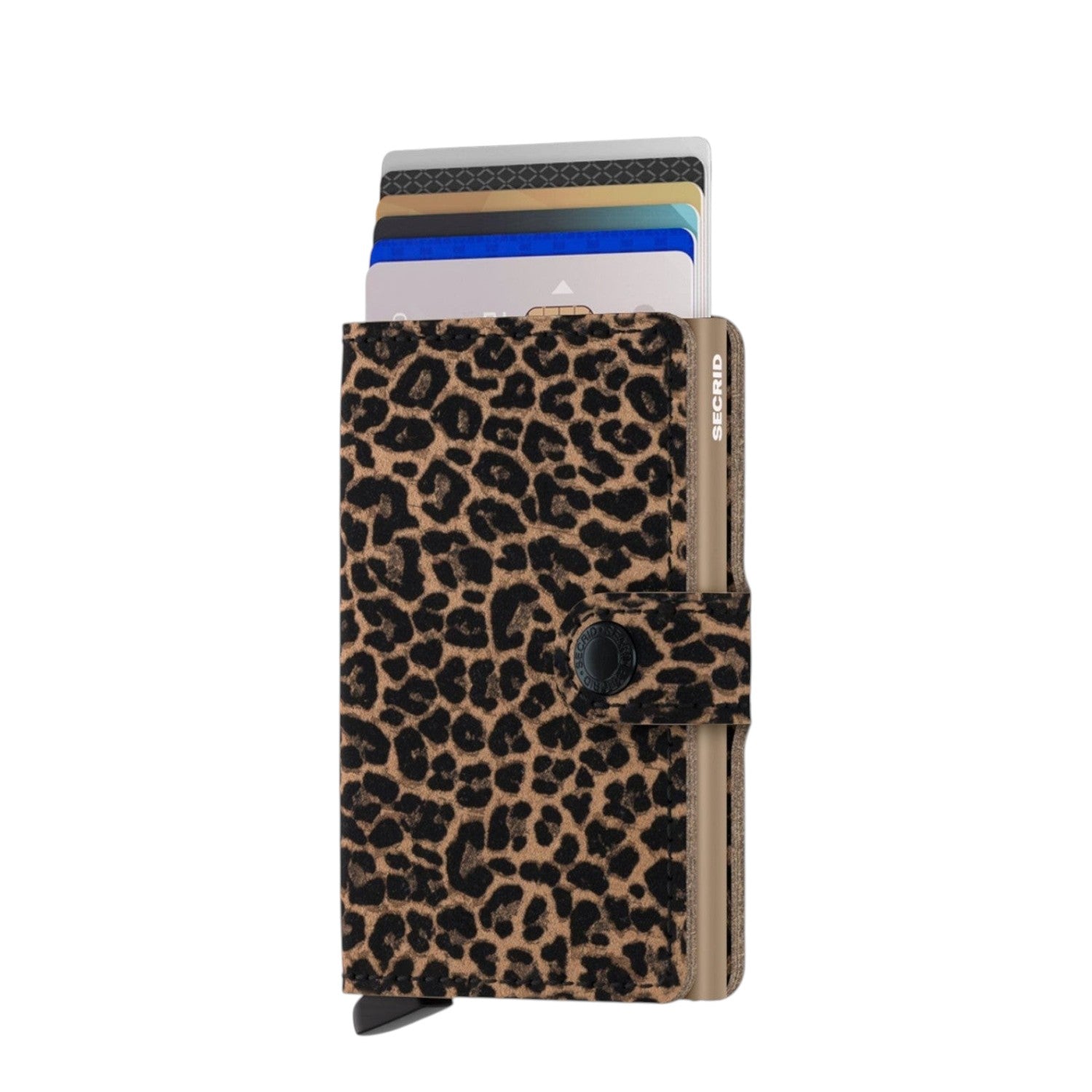 Lieblingstasche Secrid Miniwallet Leo with leopard print leather, featuring a card protector and snap button closure.