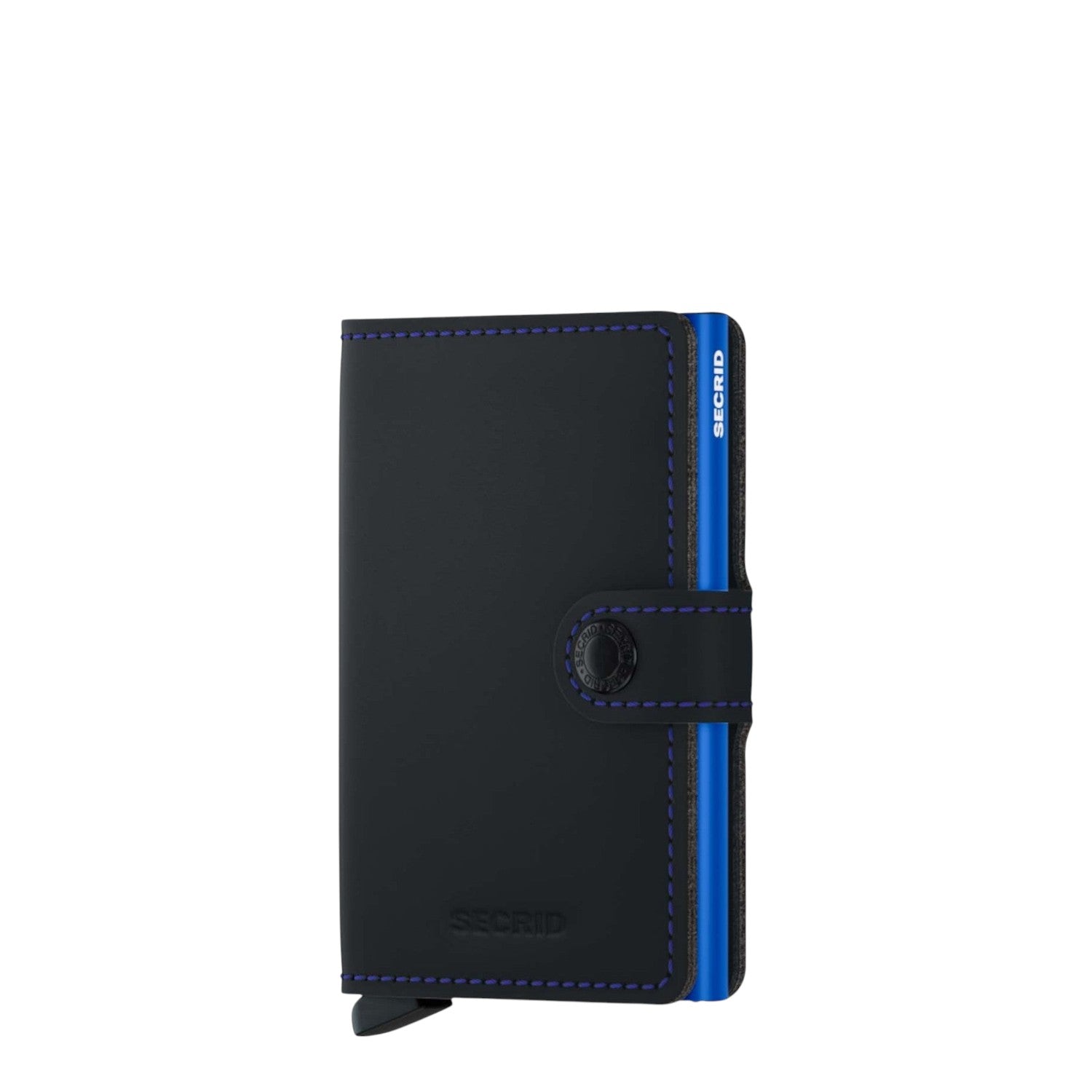 Lieblingstasche Secrid Miniwallet Matte in black leather with blue metal card protector and purple contrast stitching