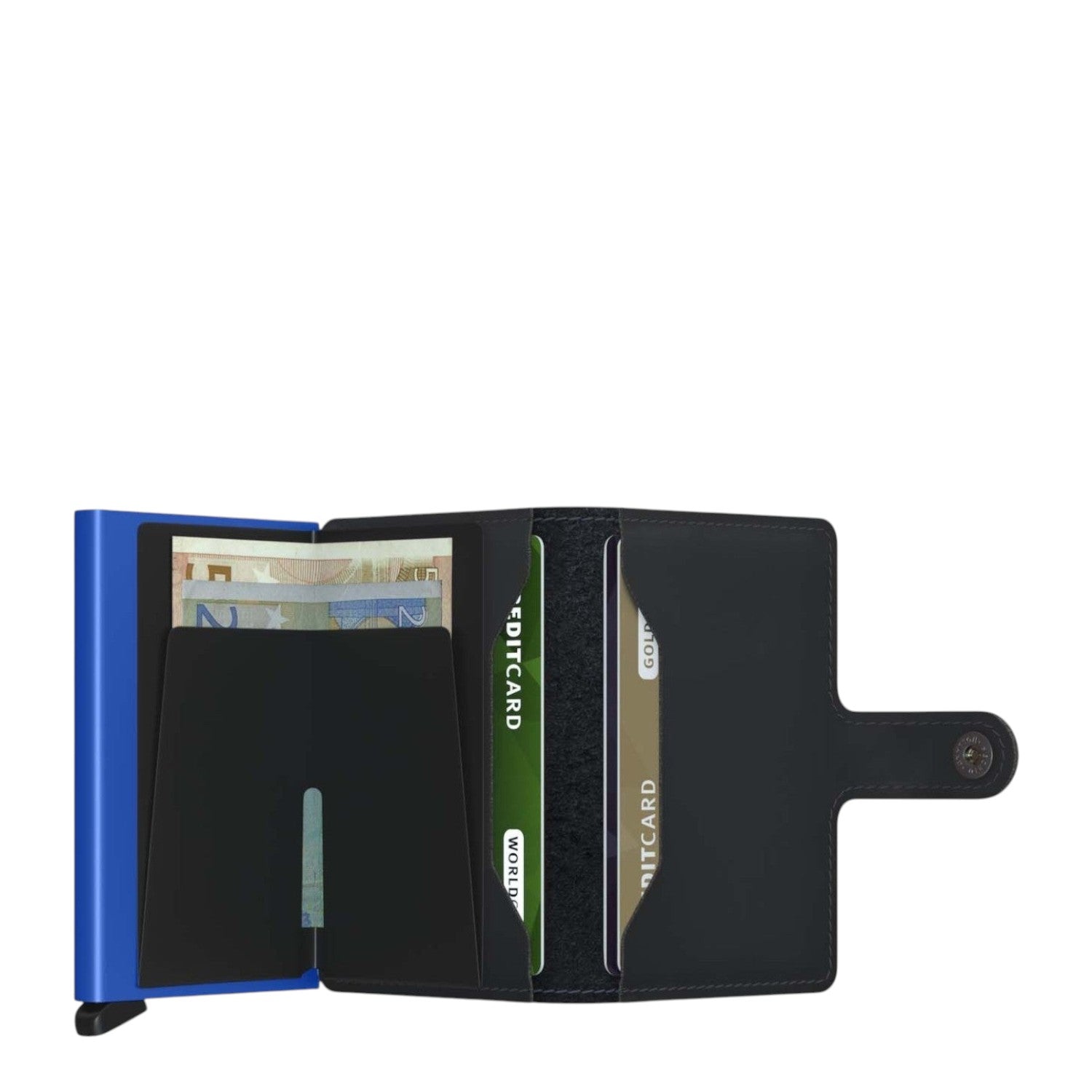 Lieblingstasche Secrid Miniwallet Matte in black leather with a blue RFID-protected card protector and cash slot.