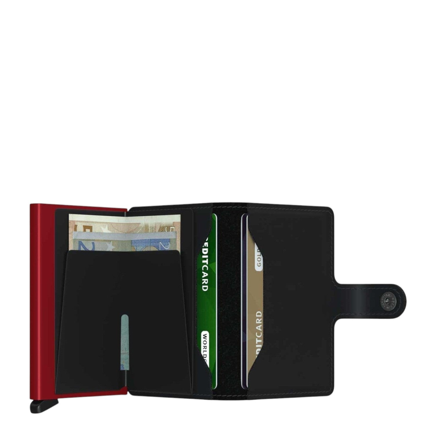 Lieblingstasche Secrid Miniwallet Matte in black leather with a red RFID-protected card protector and cash slot.