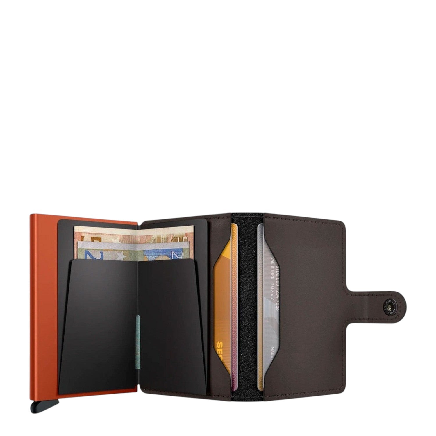 Lieblingstasche Secrid Miniwallet Matte in dark brown leather with an orange RFID-protected card holder mechanism