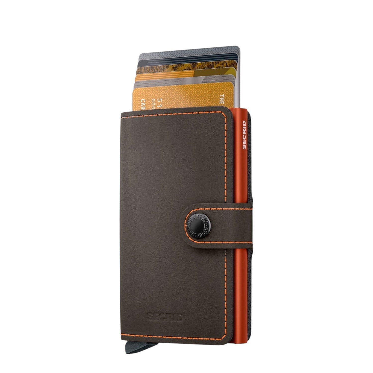 Lieblingstasche Secrid Miniwallet Matte in dark brown leather with orange stitching and a metallic orange card protector