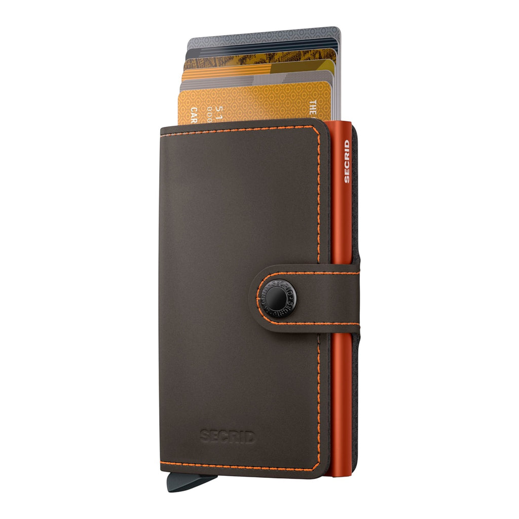 Lieblingstasche Secrid Miniwallet Matte in dark brown leather with orange stitching and RFID-protected card holder