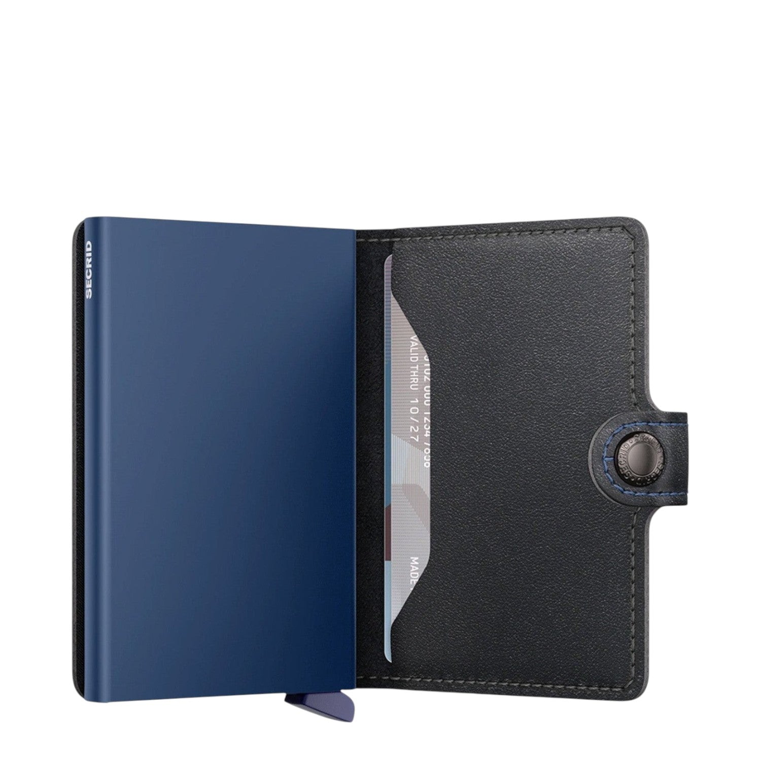 Lieblingstasche Secrid Miniwallet in navy blue with black leather cover and RFID-protected card holder mechanism
