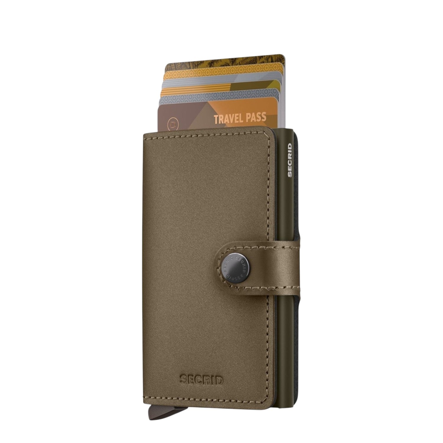 Lieblingstasche Secrid Miniwallet in matte olive green leather with card protector mechanism and snap button closure
