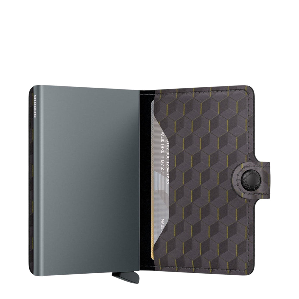 Lieblingstasche Secrid Miniwallet Optical with grey metal card protector and geometric patterned leather interior