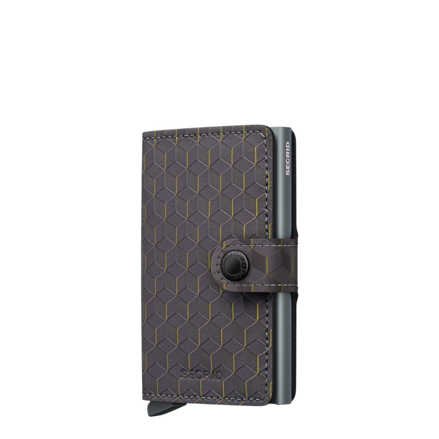 Lieblingstasche Secrid Miniwallet Optical in grey leather with a yellow geometric pattern and RFID card protector