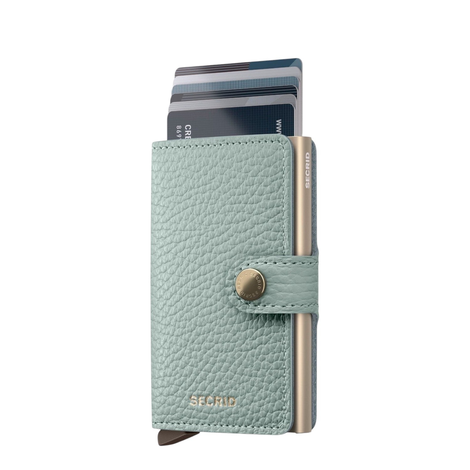 Lieblingstasche Secrid Miniwallet Pebble in light green textured leather with gold button and card protector mechanism
