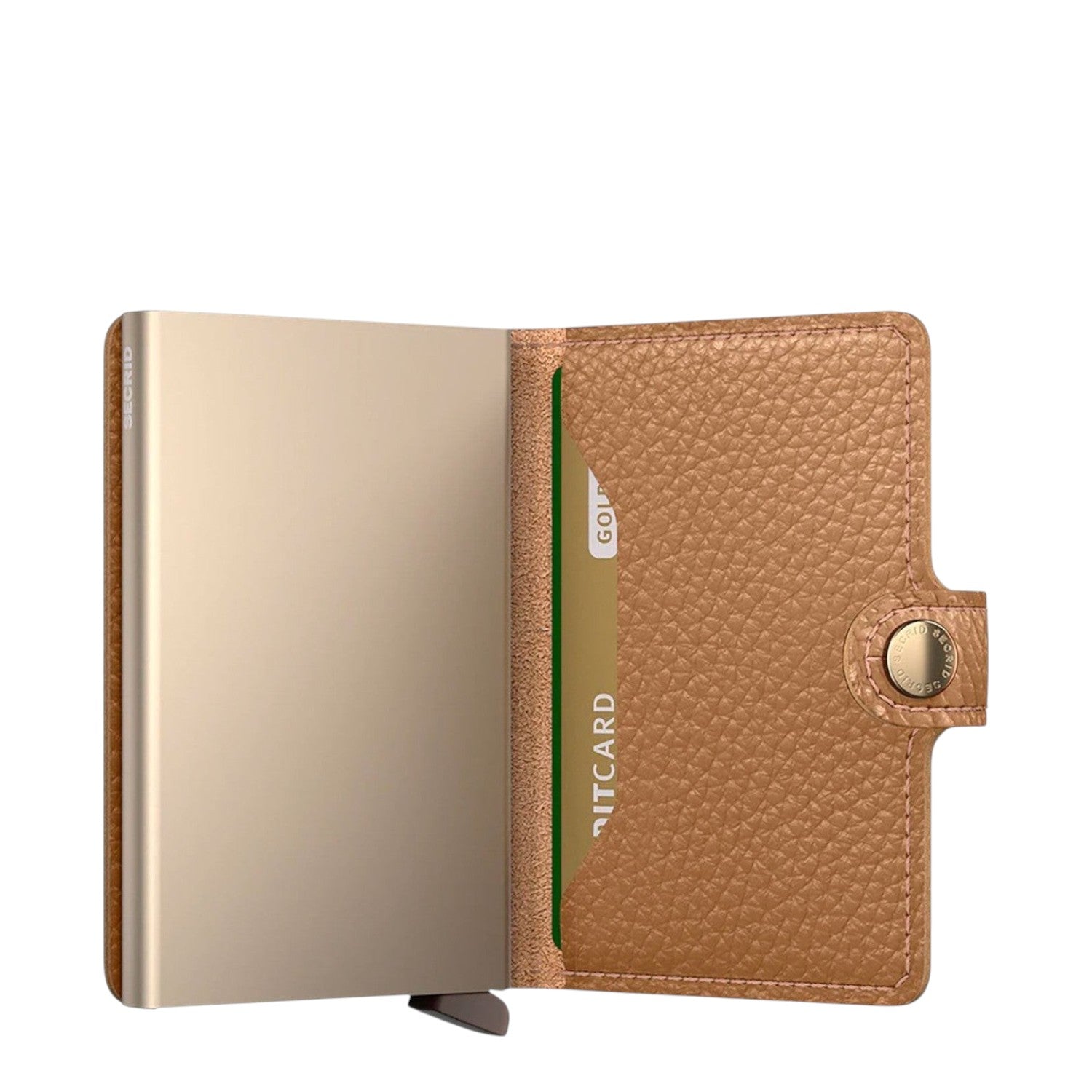 Lieblingstasche Secrid Miniwallet Pebble in tan leather with a gold metallic RFID-blocking card protector open view