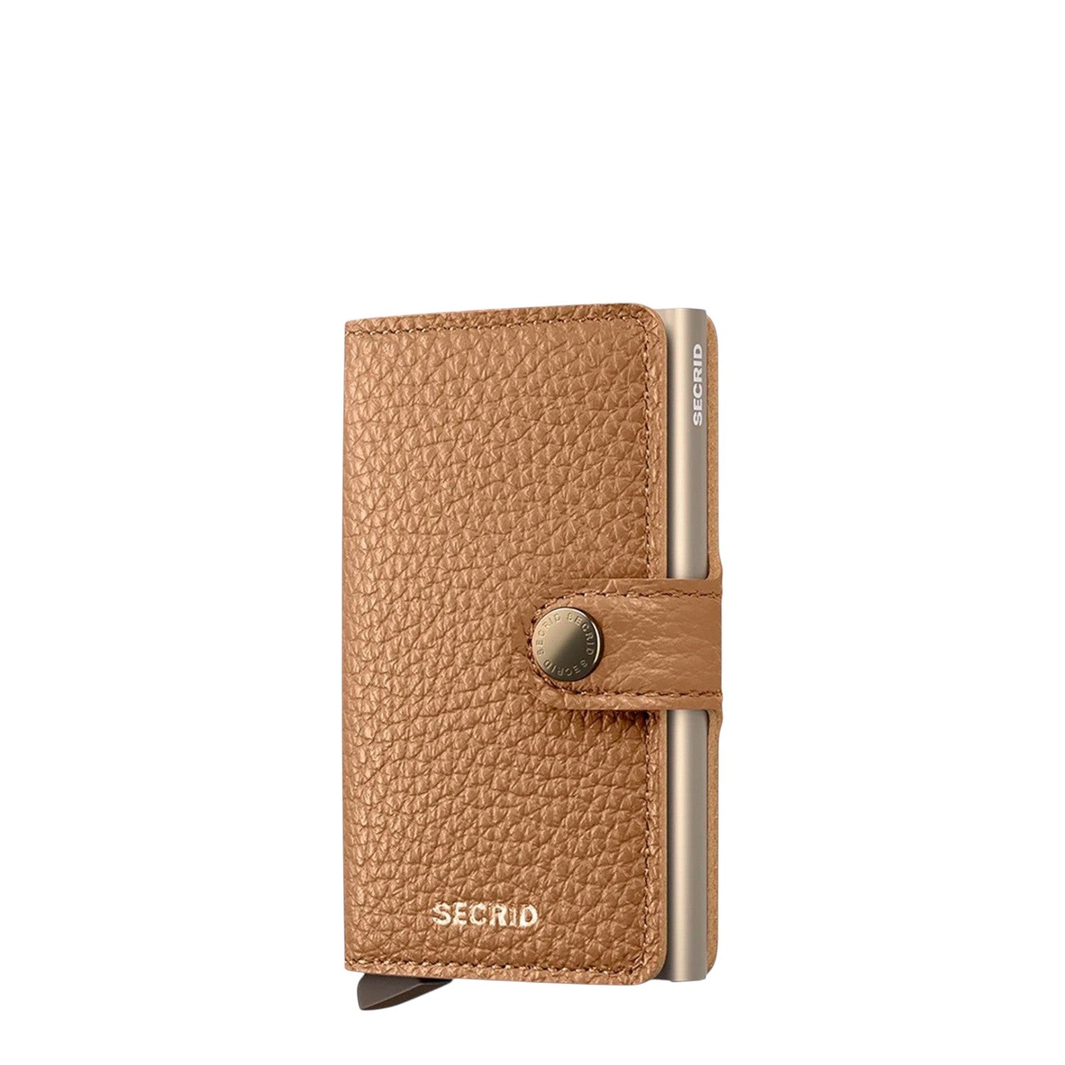 Lieblingstasche Secrid Miniwallet Pebble in tan leather with a secure snap button closure and RFID protection.