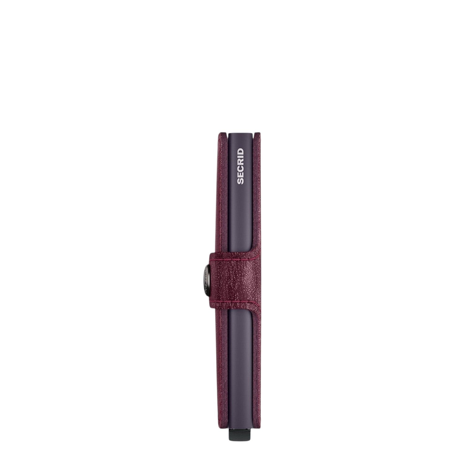 Lieblingstasche Secrid Miniwallet in dark purple leather with a side view of the RFID-protected card mechanism.