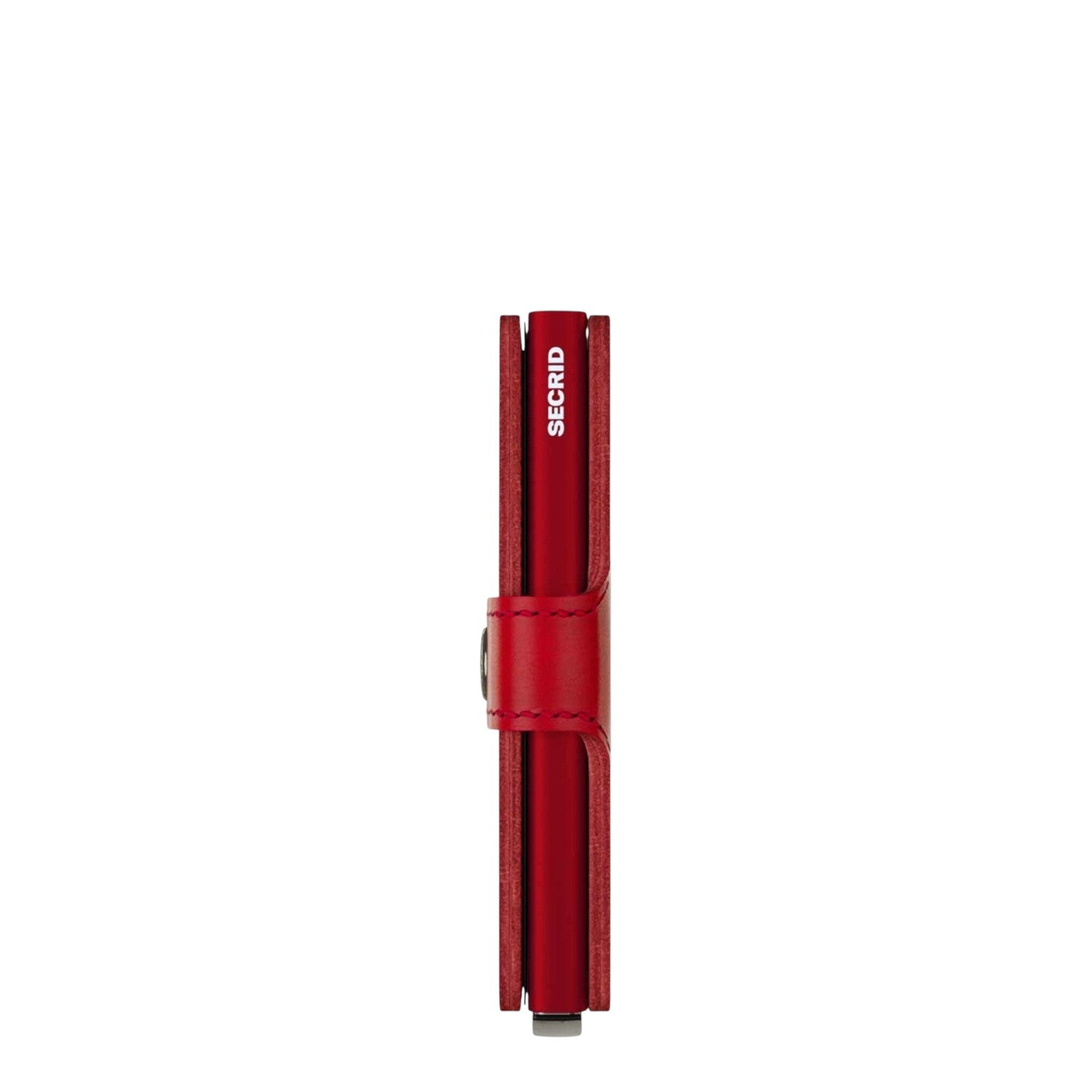 Lieblingstasche Secrid Miniwallet in red leather with a side view of the card protector mechanism and snap closure