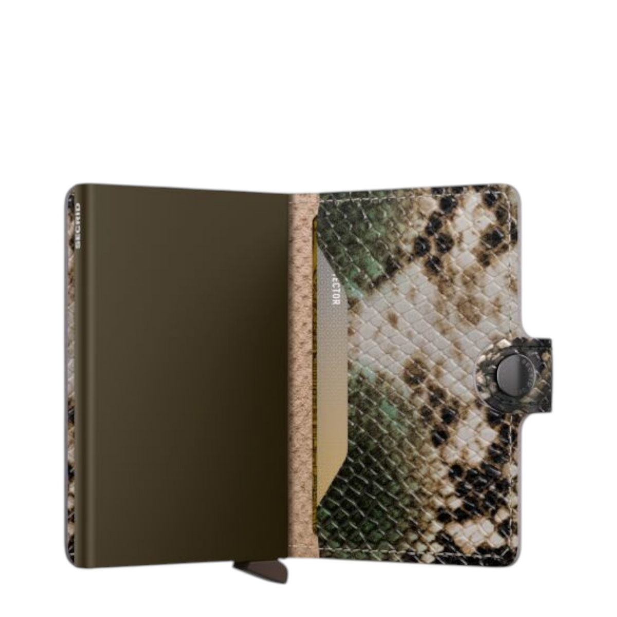 Lieblingstasche Secrid Miniwallet Serpent with olive green metal case and green and beige snakeskin leather pattern
