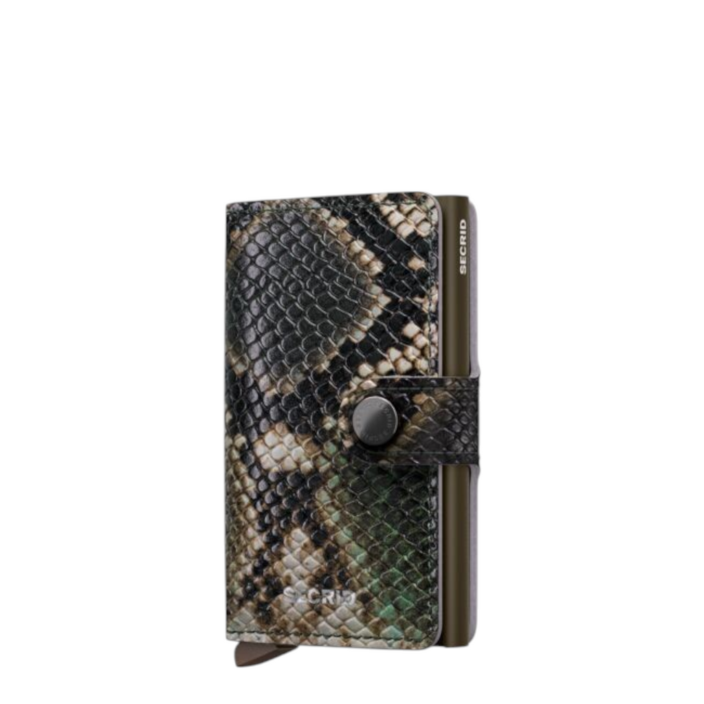 Lieblingstasche Secrid Miniwallet Serpent featuring a green and black snakeskin textured leather finish