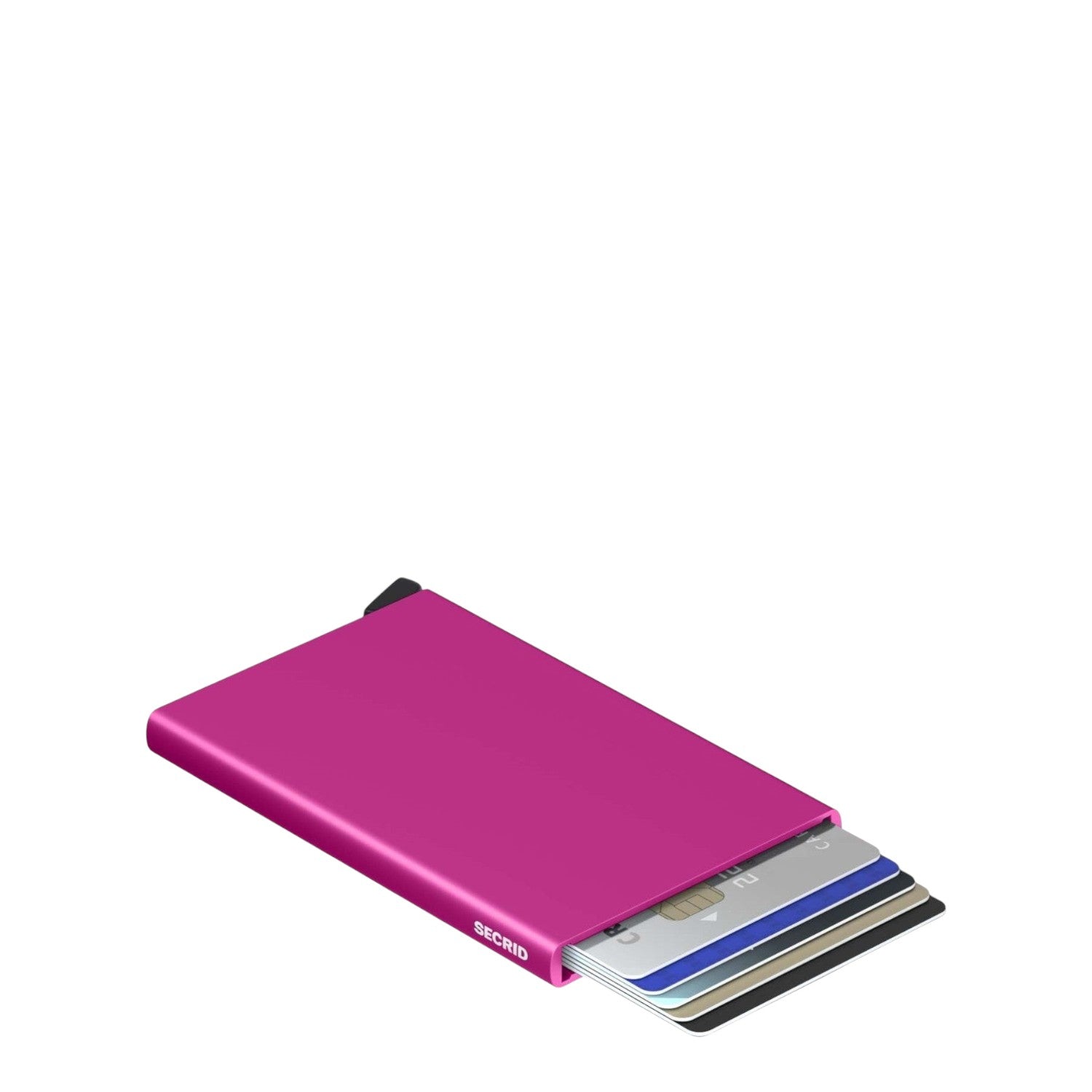 Lieblingstasche Secrid Cardprotector in vibrant pink aluminium with cards sliding out for quick access