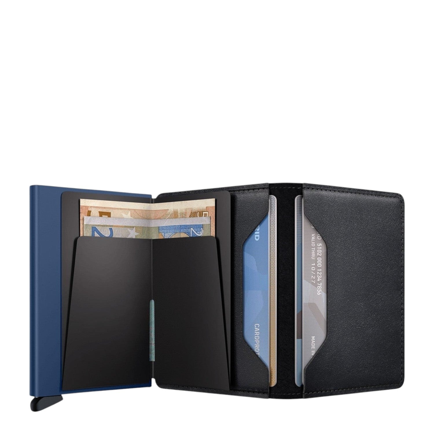 Lieblingstasche Secrid Slimwallet in black leather and blue metal with RFID-protected card slots and cash storage