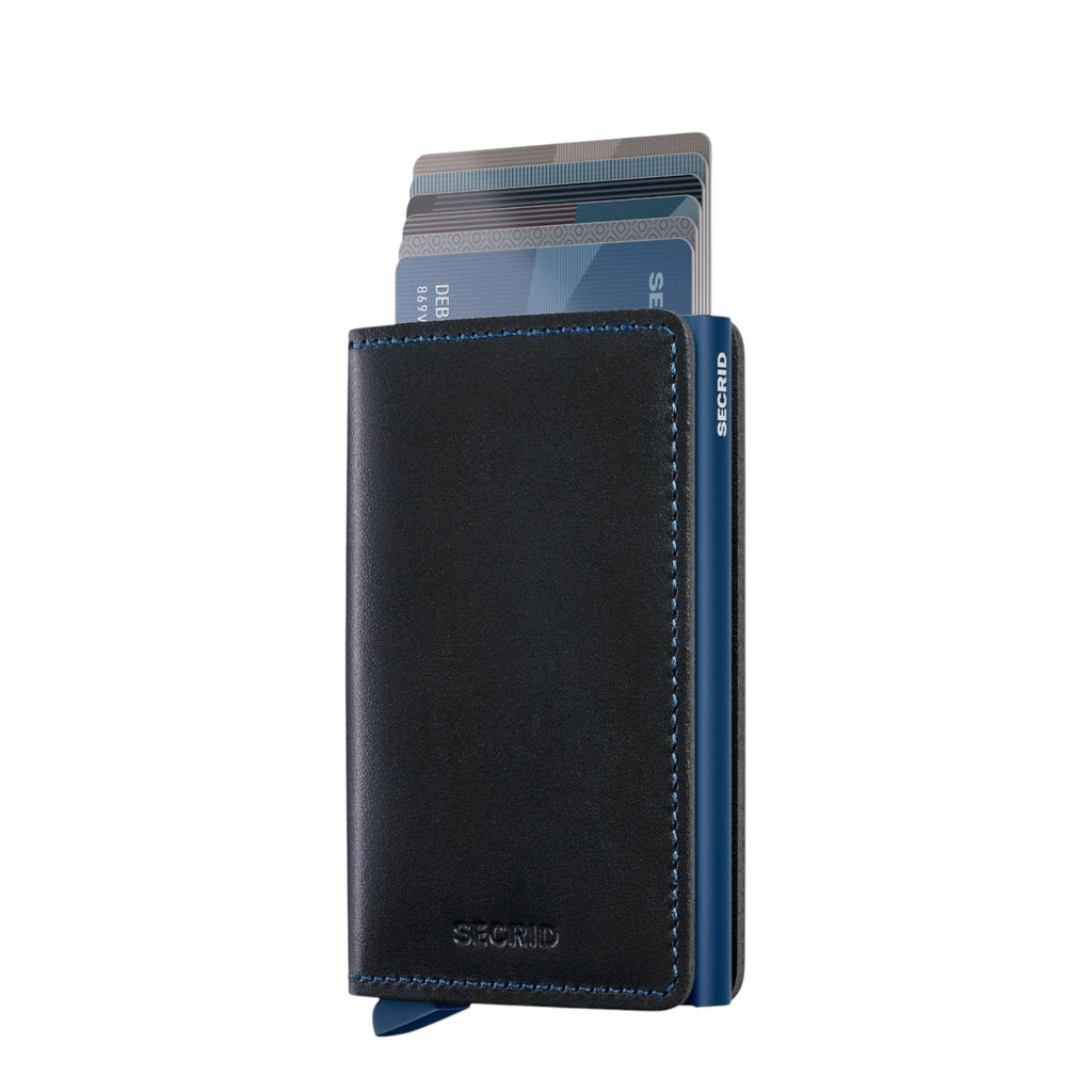 Lieblingstasche Secrid Slimwallet in black leather with blue stitching and a blue RFID-protected card mechanism.