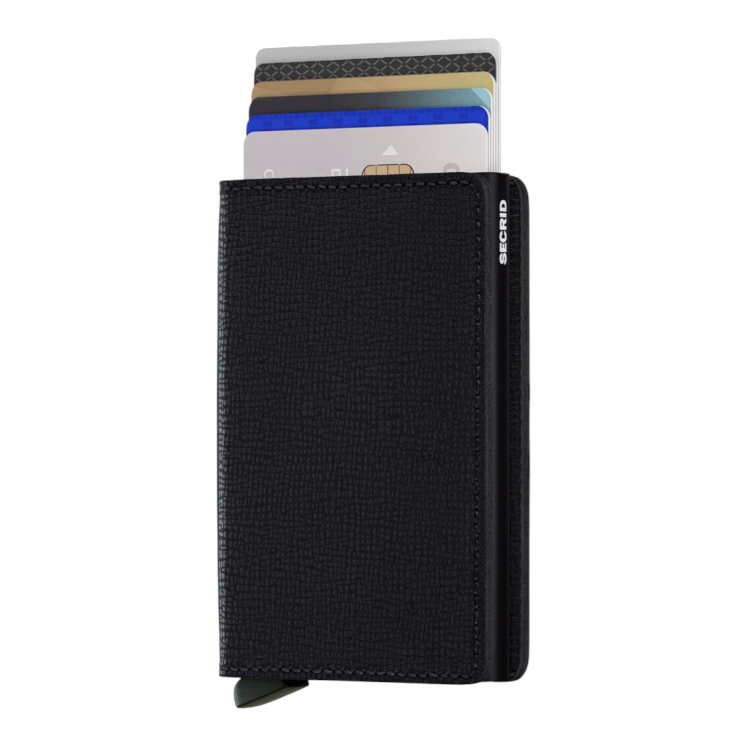 Lieblingstasche Secrid Slimwallet Crisple in black leather with Saffiano texture and RFID-protected card mechanism.