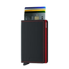 Lieblingstasche Secrid Slimwallet in black matte leather with red stitching and card protector mechanism