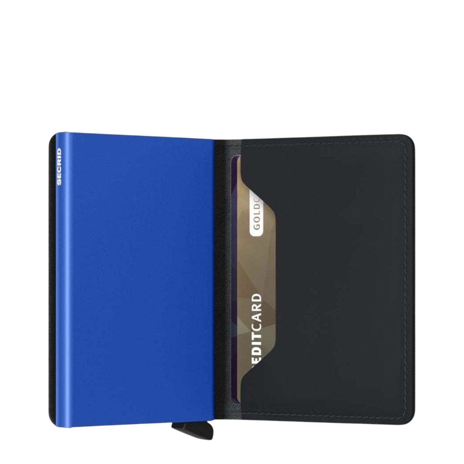 Lieblingstasche Secrid Slimwallet Matte in blue with black leather interior and RFID-protected card mechanism