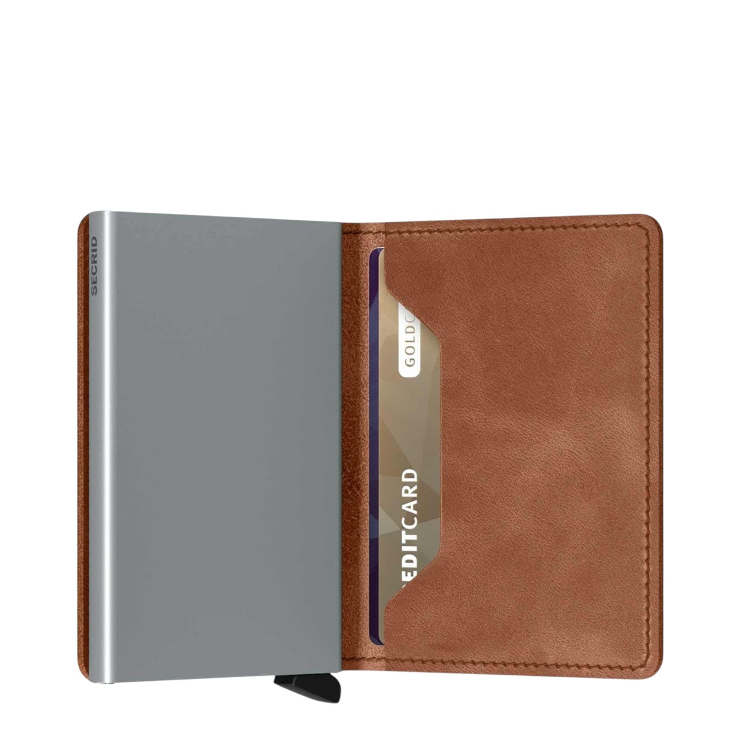 Lieblingstasche Secrid Slimwallet in brown leather with a silver RFID-blocking card protector mechanism