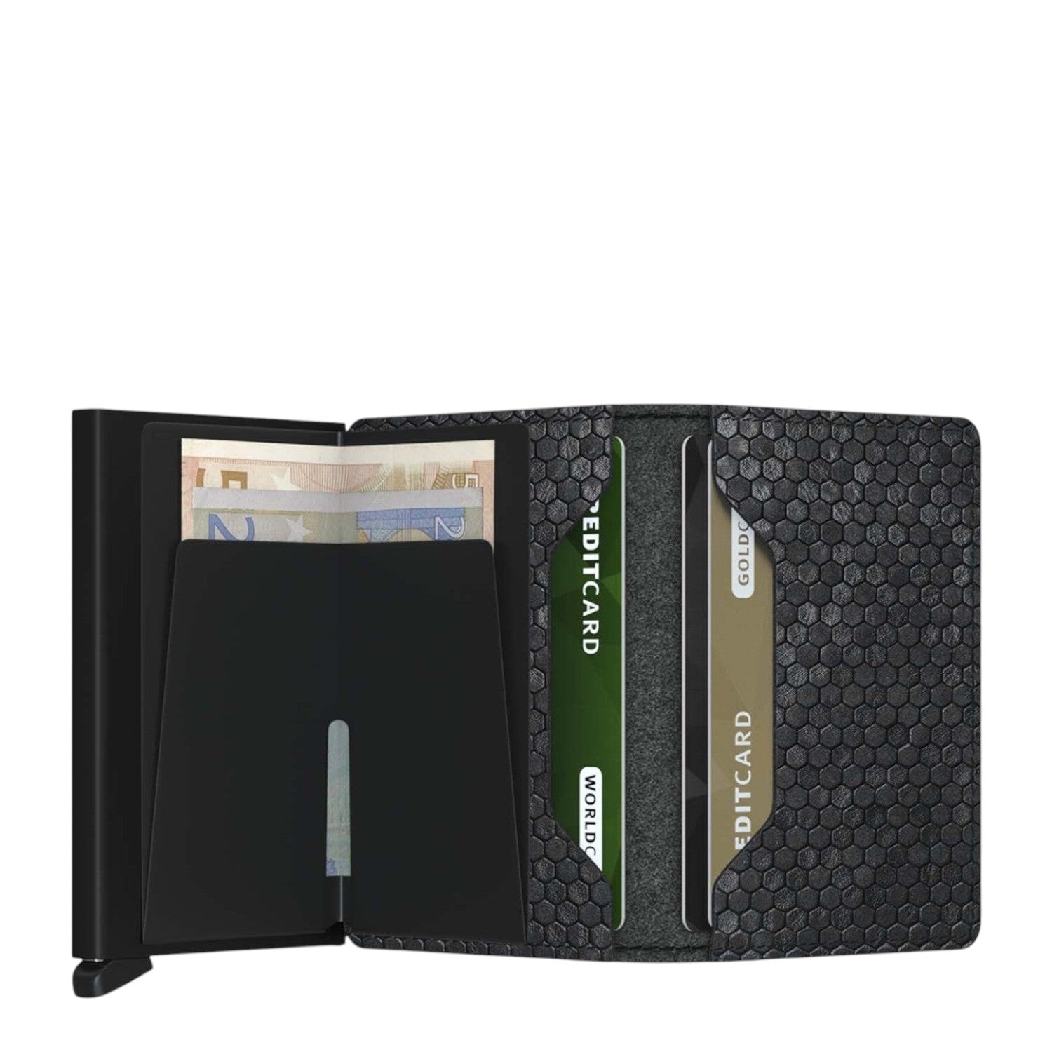 Lieblingstasche Secrid Slimwallet Hexagon in black with textured honeycomb pattern, card slots, and cash compartment.