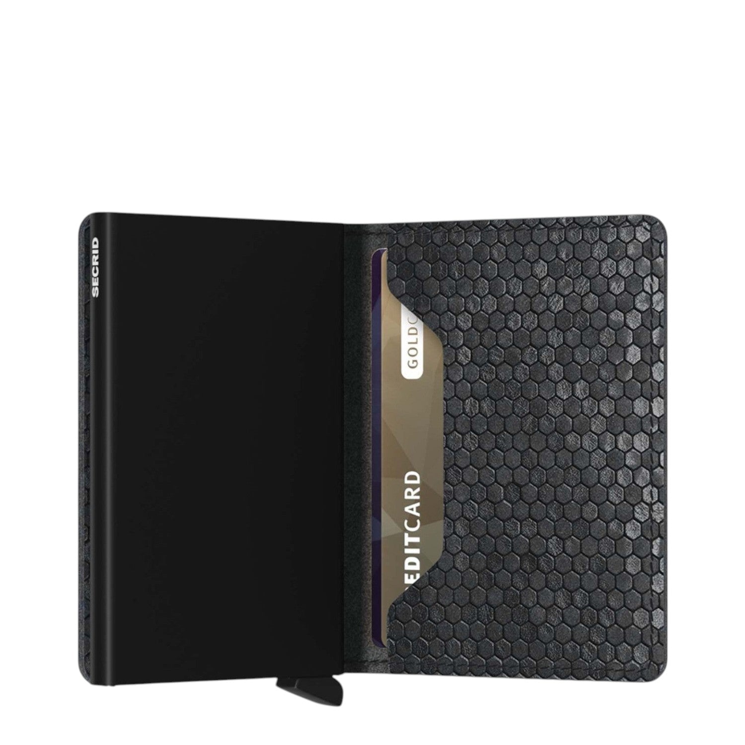 Lieblingstasche Secrid Slimwallet Hexagon in black with a textured honeycomb pattern and card protector mechanism.