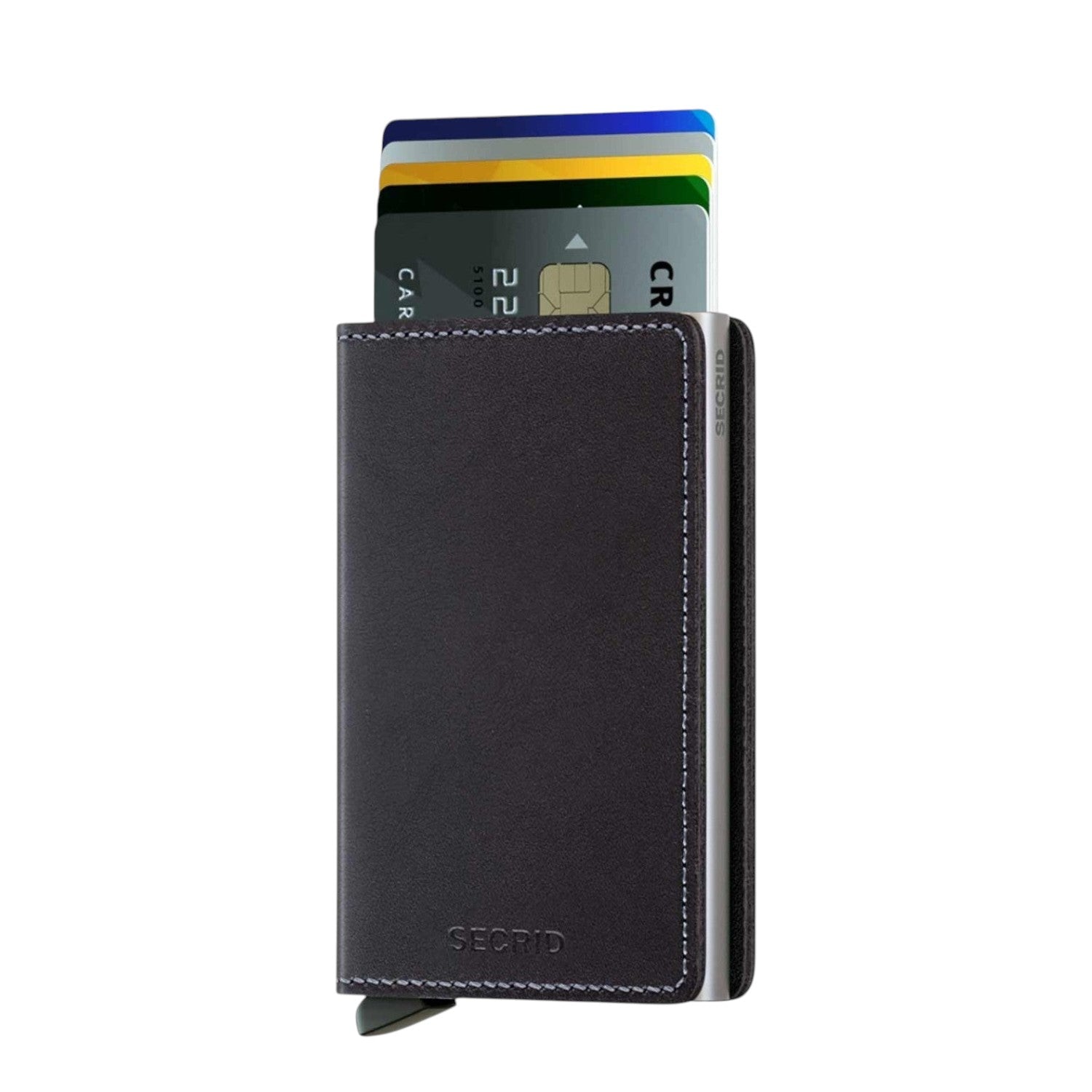 Lieblingstasche Secrid Slimwallet in dark leather with integrated RFID-blocking card protector and card access lever.