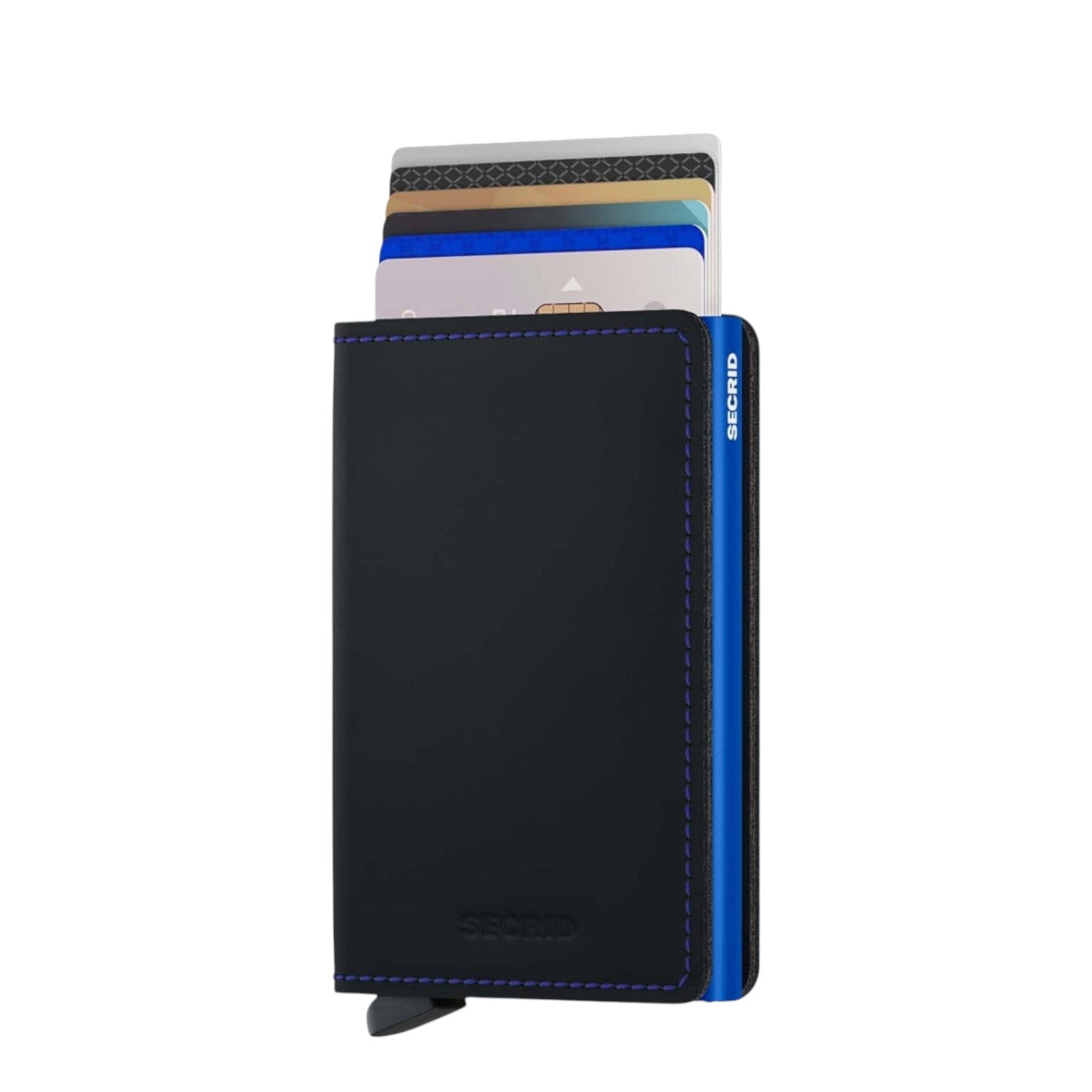 Lieblingstasche Secrid Slimwallet Matte in black with blue metal card protector and cards partially extended