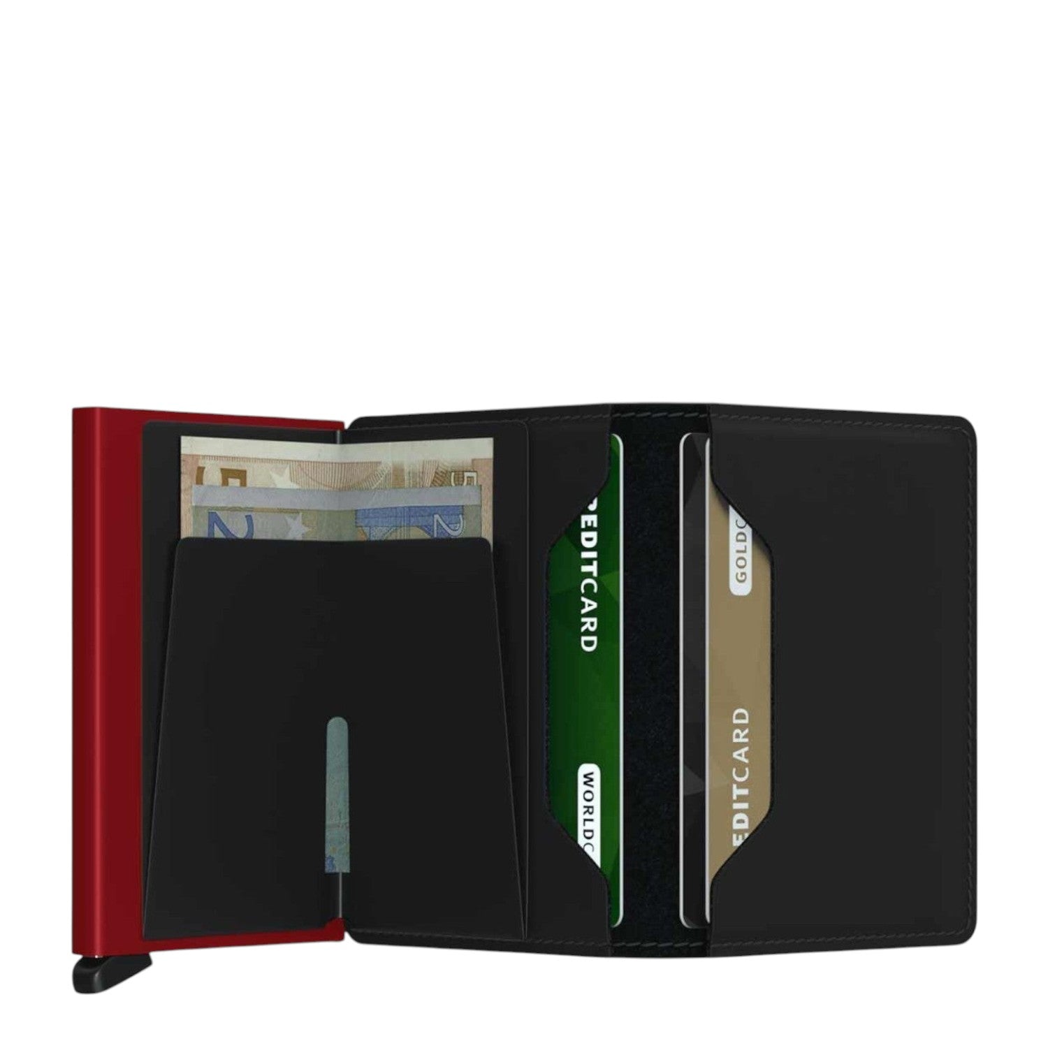 Lieblingstasche Secrid Slimwallet Matte in black leather with a red metal card protector and internal card slots.