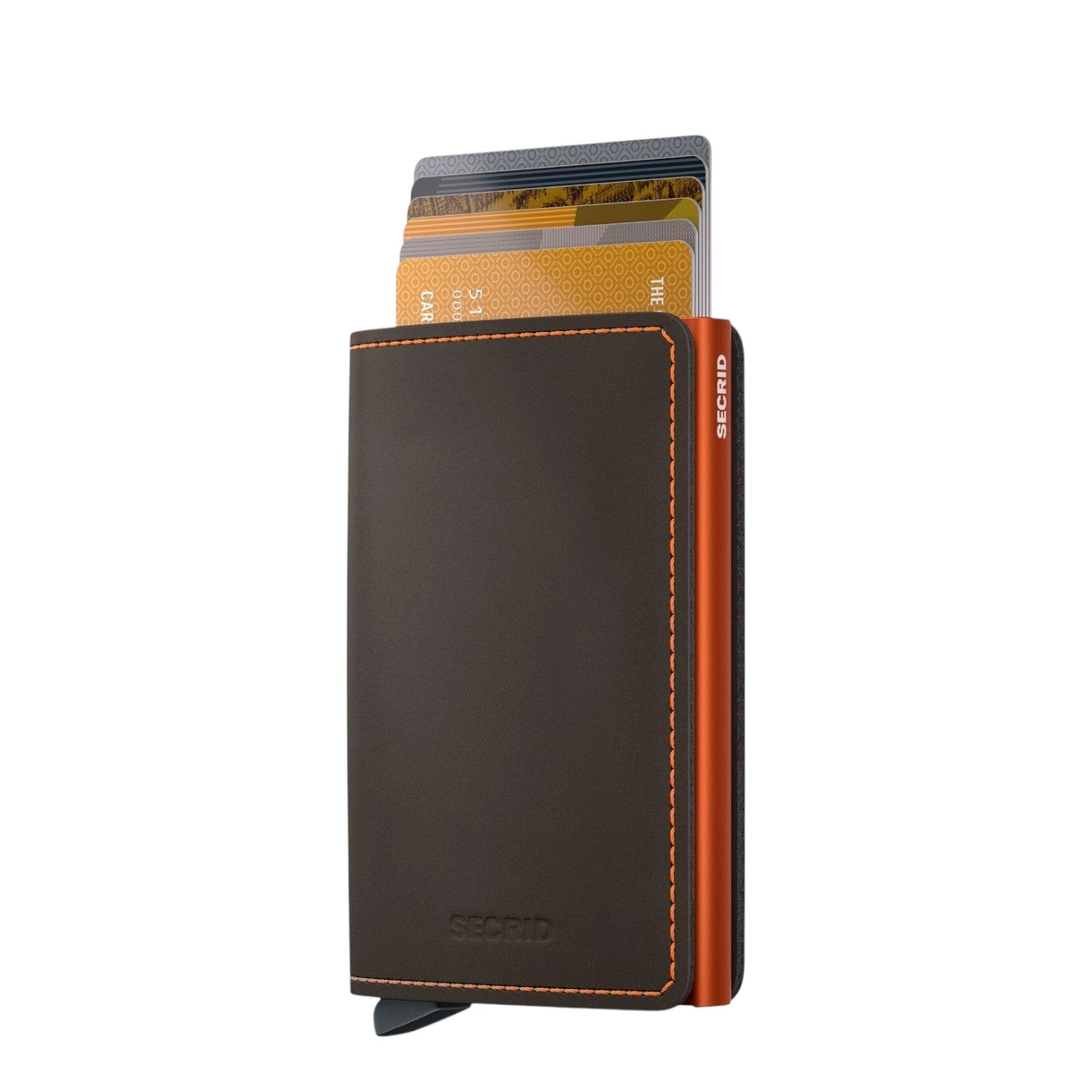 Lieblingstasche Secrid Slimwallet Matte in dark brown leather with orange stitching and RFID card protector mechanism