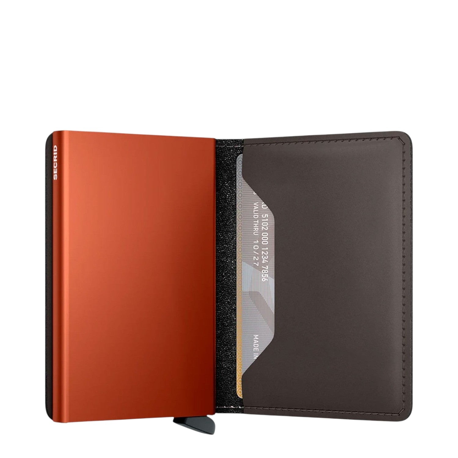 Lieblingstasche Secrid Slimwallet Matte in burnt orange with a dark leather interior and card protection mechanism.